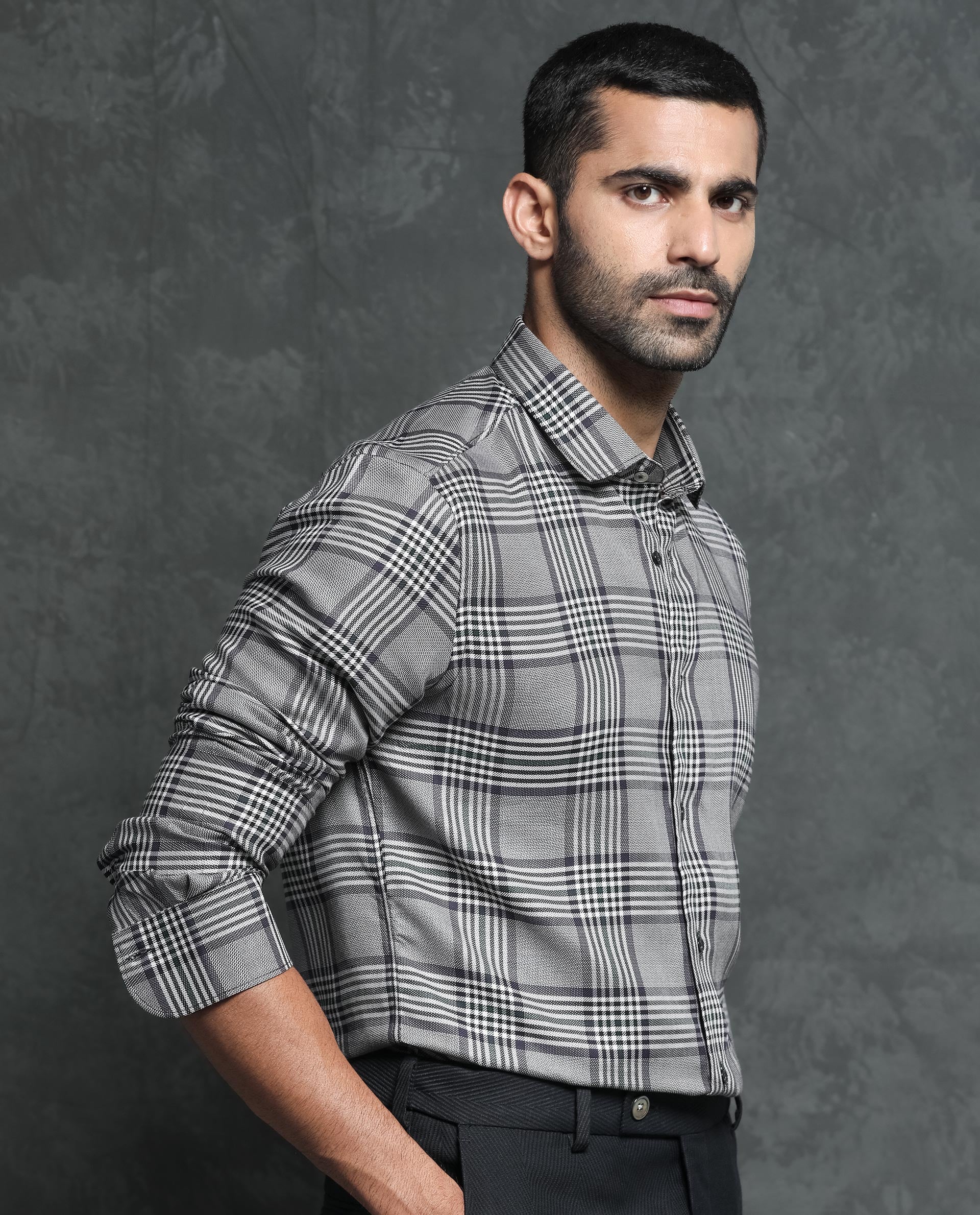 Rare Rabbit Men's Fredo Grey Cotton Checked Print Regular Fit Full Sleeve Collared Shirt - Image 8