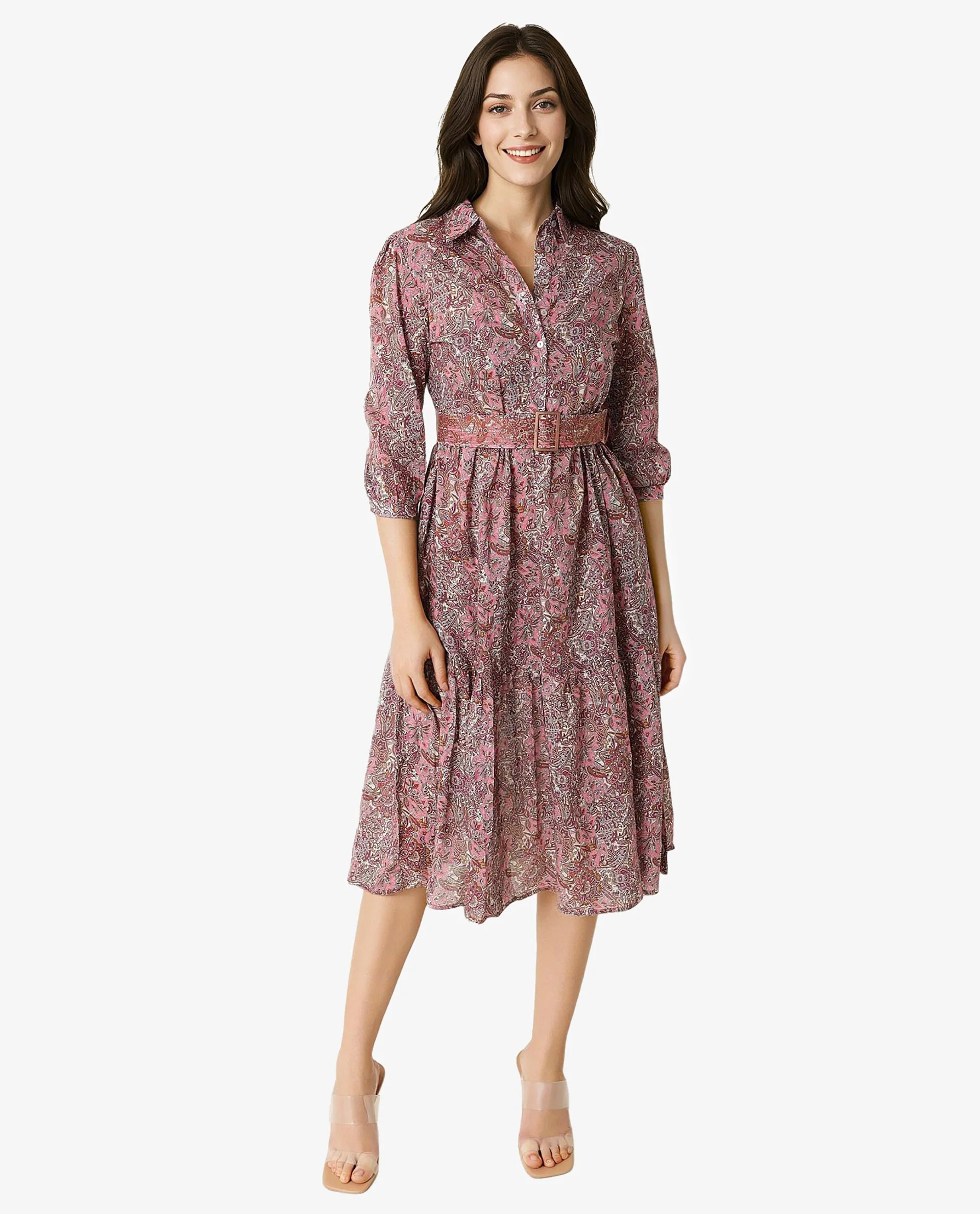 Rareism Women Freesha Pink Shirt Collar 3/4 Sleeves Fabric Waist Belt And Pockets Knee Length Dress - Image 2