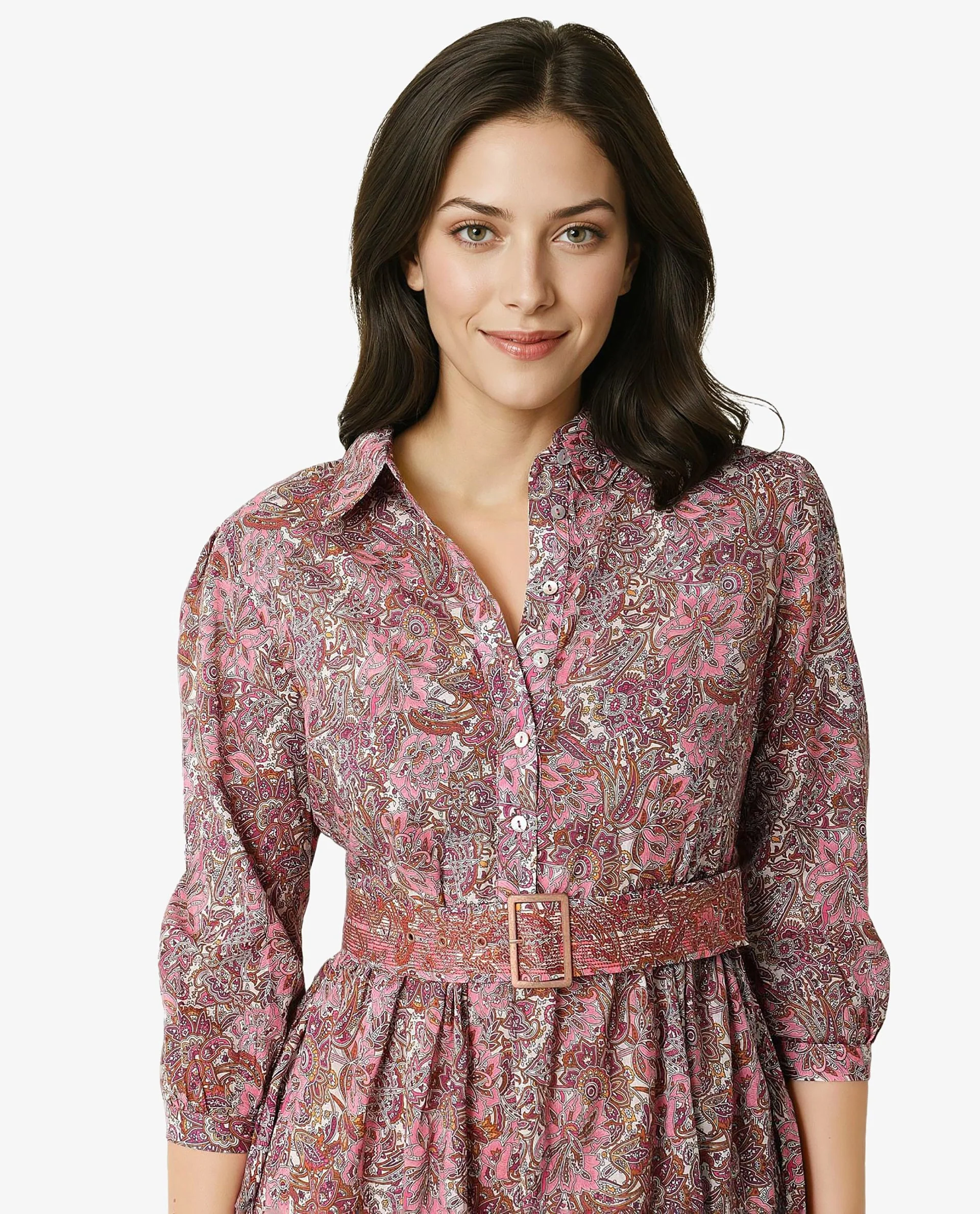 Rareism Women Freesha Pink Shirt Collar 3/4 Sleeves Fabric Waist Belt And Pockets Knee Length Dress - Image 3
