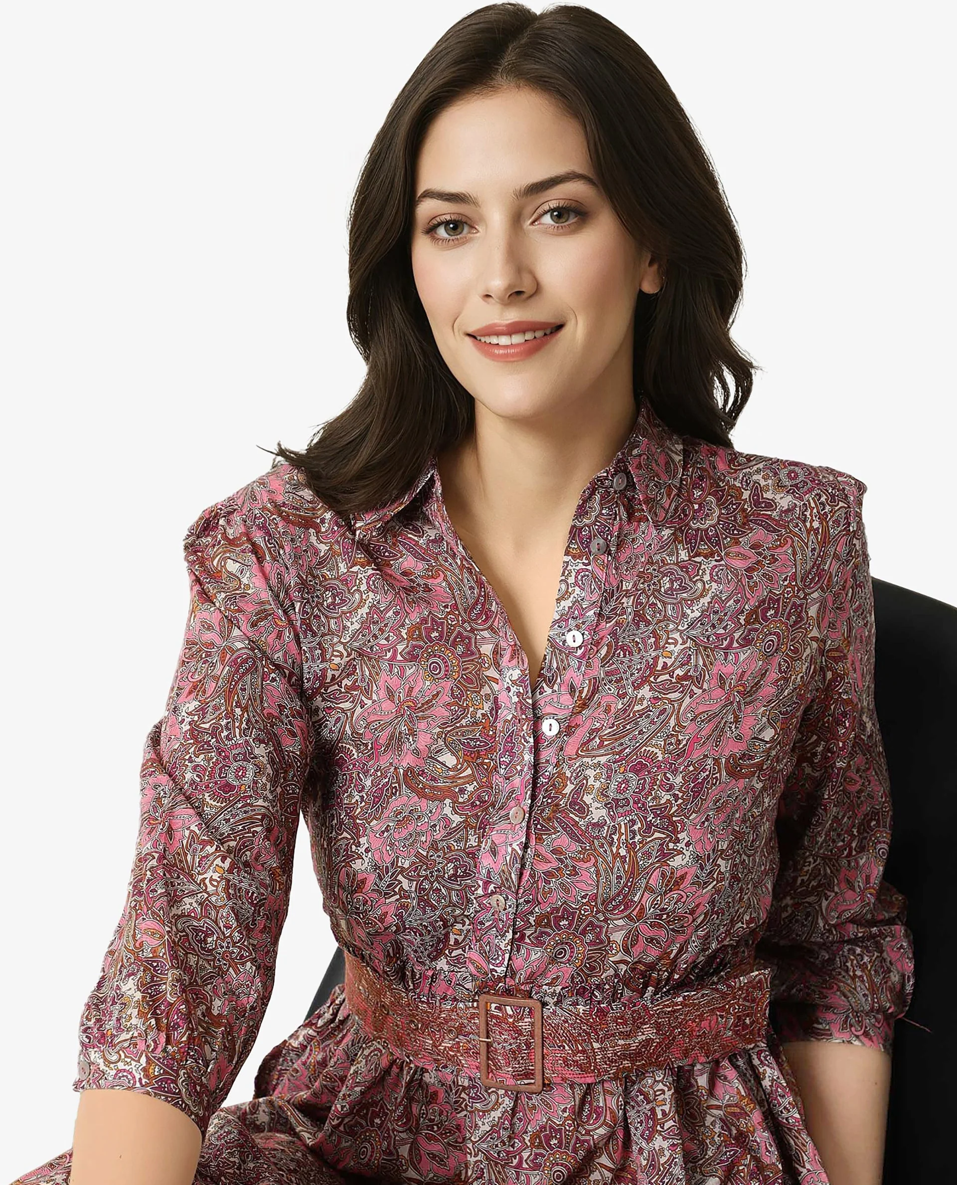 Rareism Women Freesha Pink Shirt Collar 3/4 Sleeves Fabric Waist Belt And Pockets Knee Length Dress - Image 4
