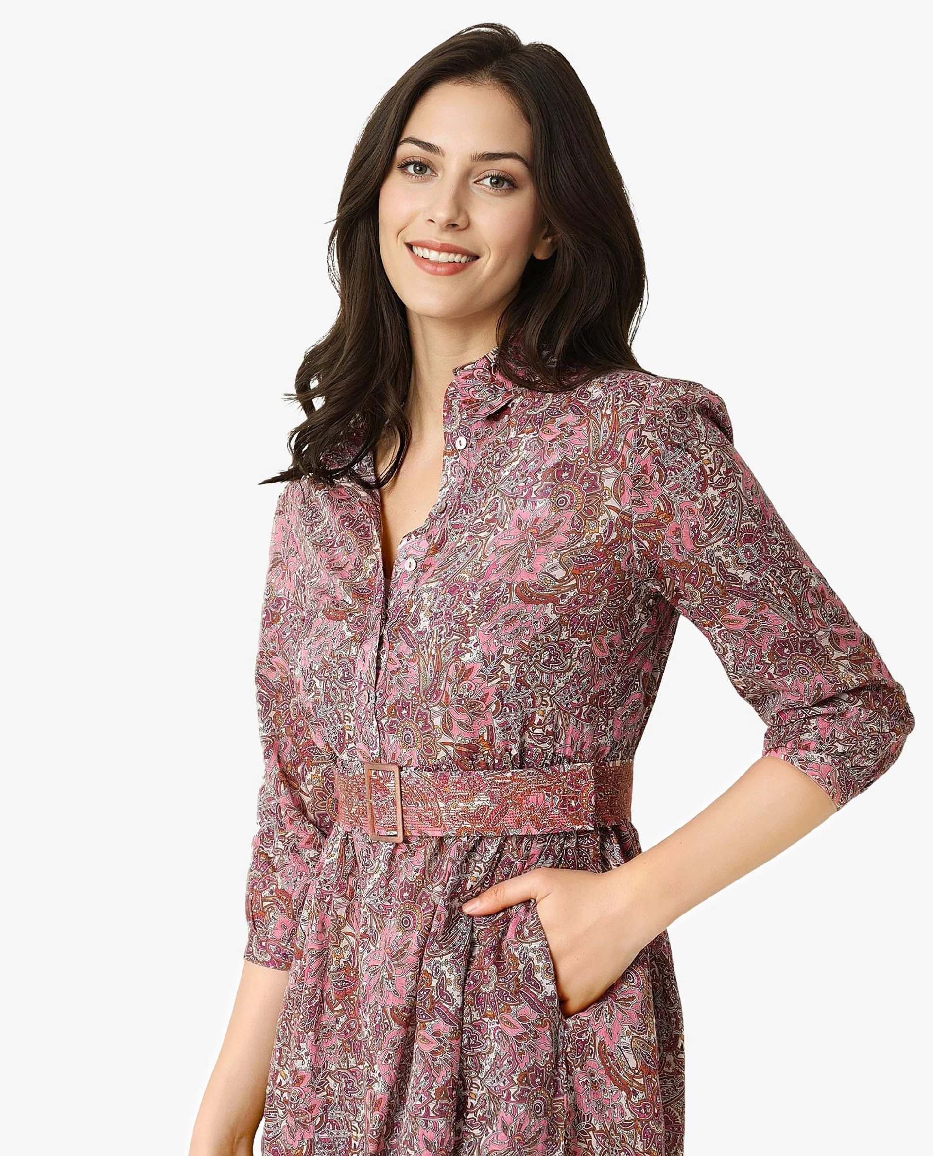 Rareism Women Freesha Pink Shirt Collar 3/4 Sleeves Fabric Waist Belt And Pockets Knee Length Dress - Image 5