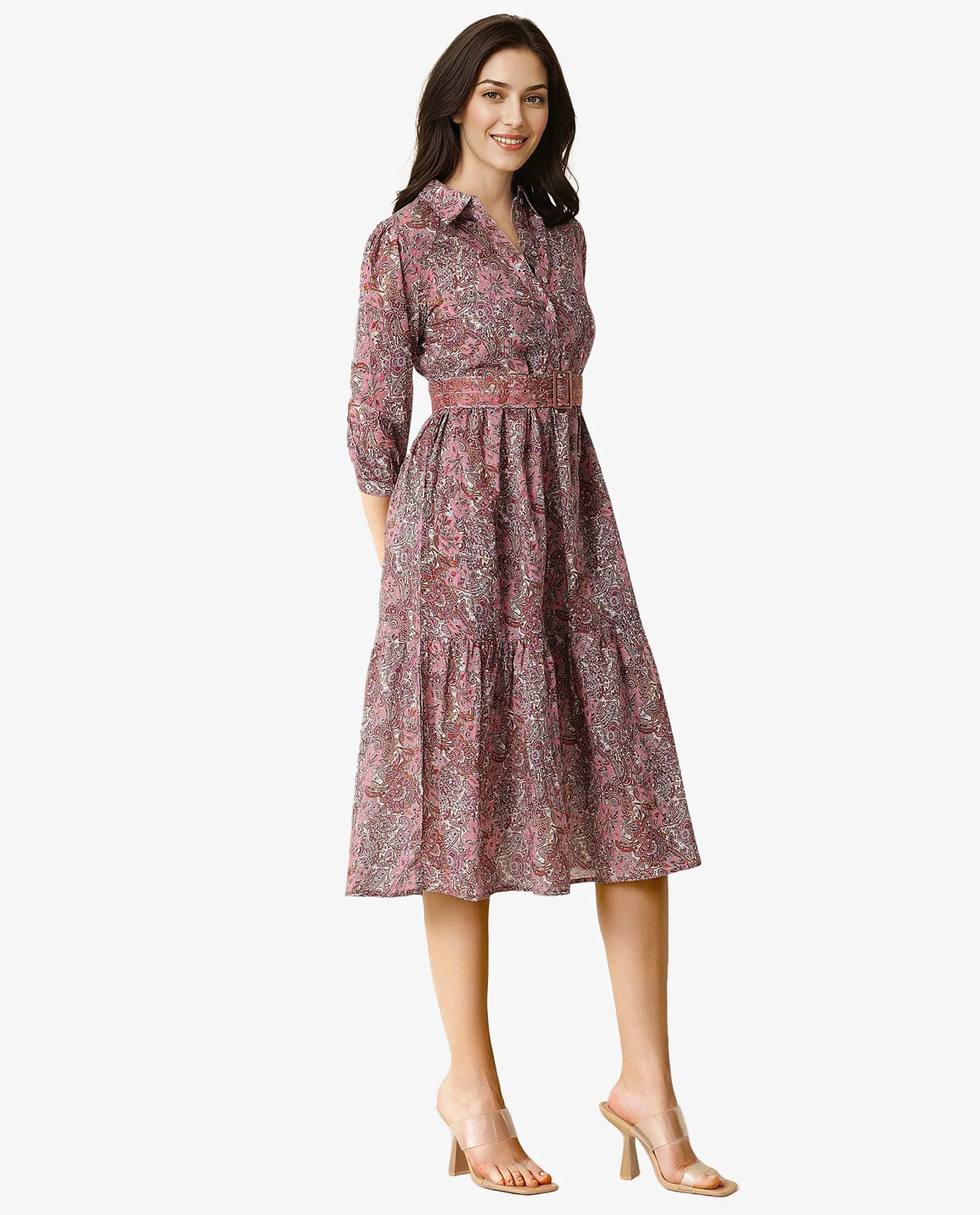 Rareism Women Freesha Pink Shirt Collar 3/4 Sleeves Fabric Waist Belt And Pockets Knee Length Dress - Image 6