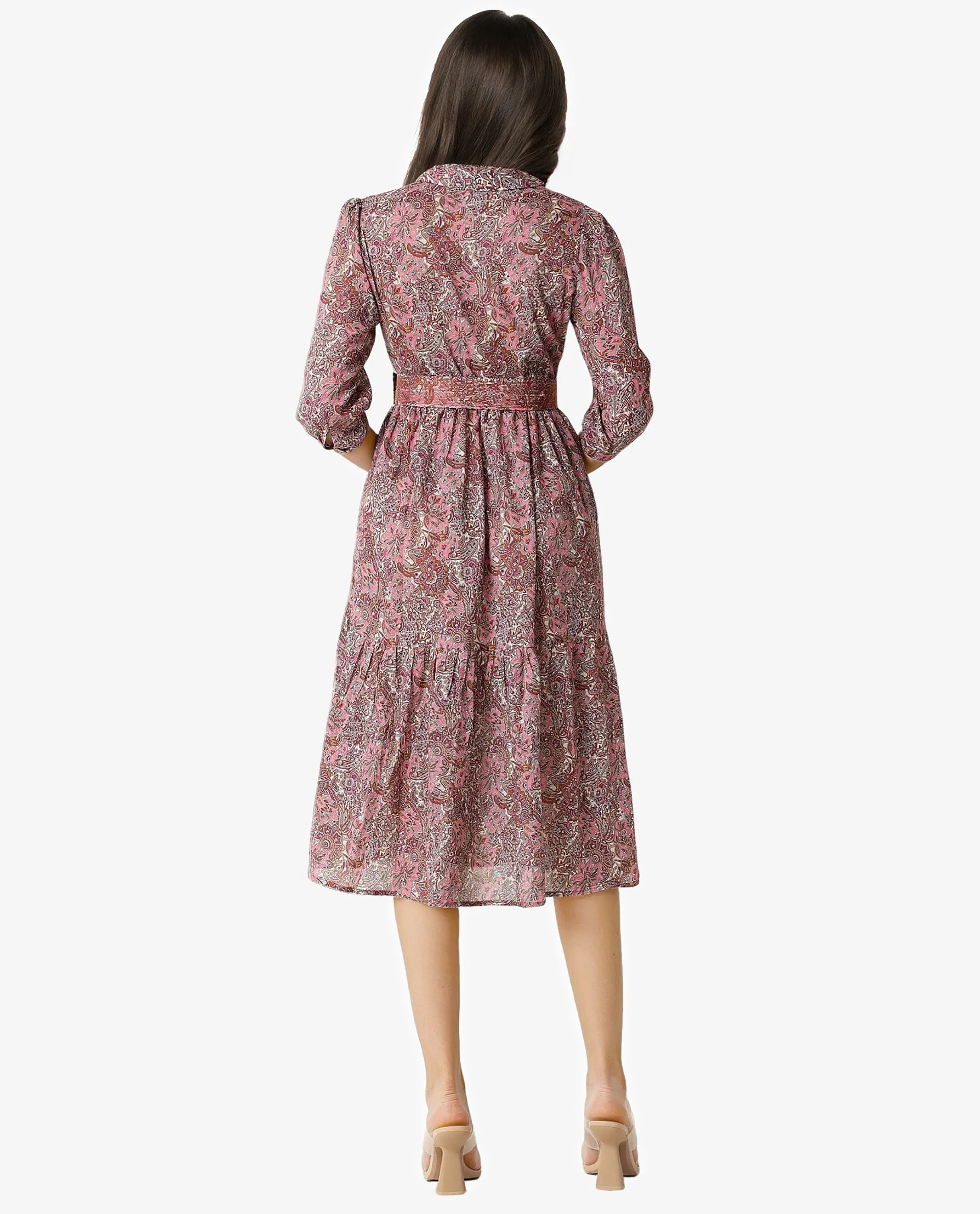 Rareism Women Freesha Pink Shirt Collar 3/4 Sleeves Fabric Waist Belt And Pockets Knee Length Dress - Image 7
