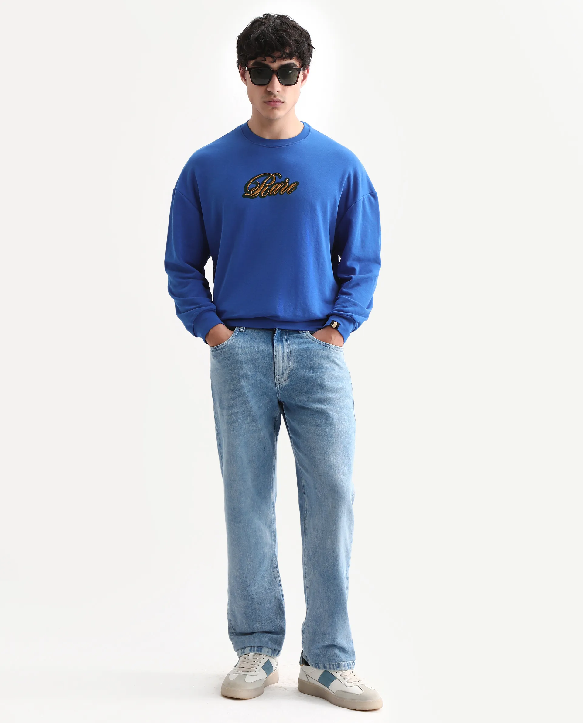 Rare Rabbit Men's Frejus Blue Cotton Blend Embroidered Regular Fit Full Sleeve Crew Neck Sweatshirt - Image 2