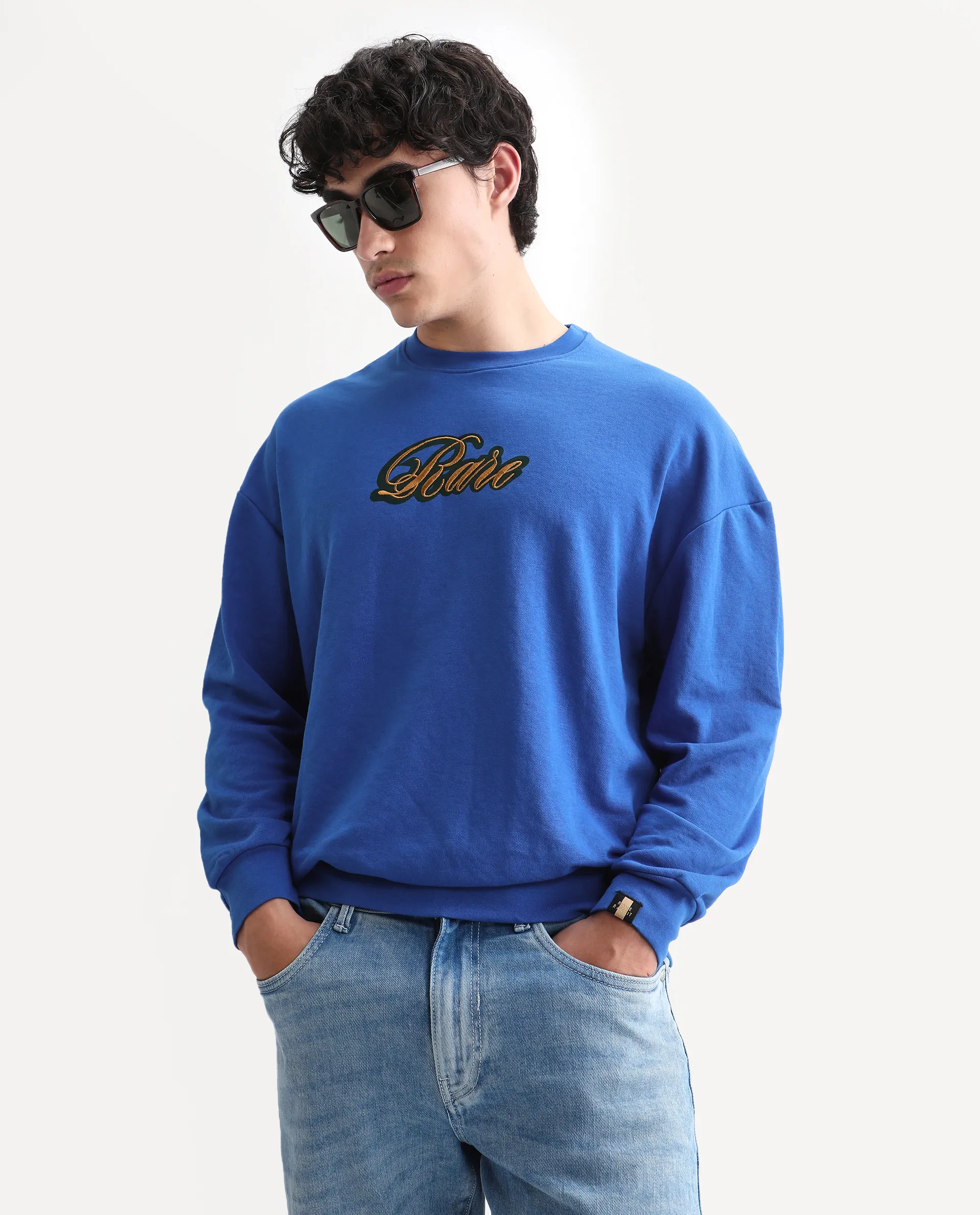 Rare Rabbit Men's Frejus Blue Cotton Blend Embroidered Regular Fit Full Sleeve Crew Neck Sweatshirt - Image 3