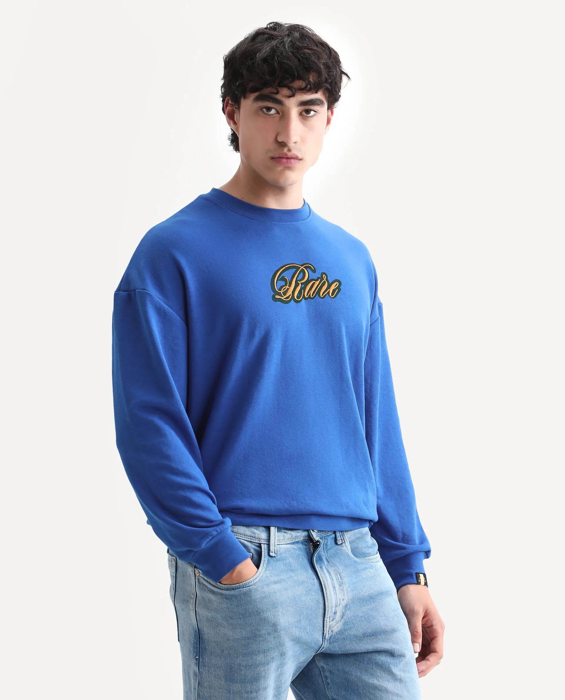 Rare Rabbit Men's Frejus Blue Cotton Blend Embroidered Regular Fit Full Sleeve Crew Neck Sweatshirt - Image 5