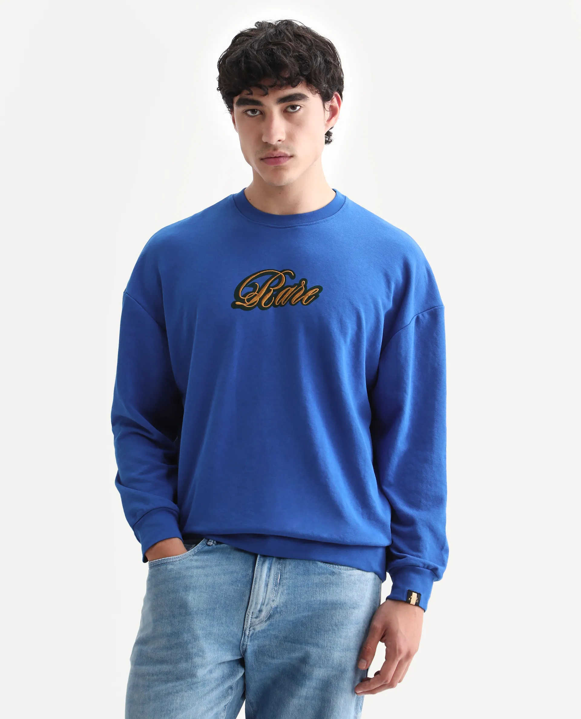 Rare Rabbit Men's Frejus Blue Cotton Blend Embroidered Regular Fit Full Sleeve Crew Neck Sweatshirt - Image 6