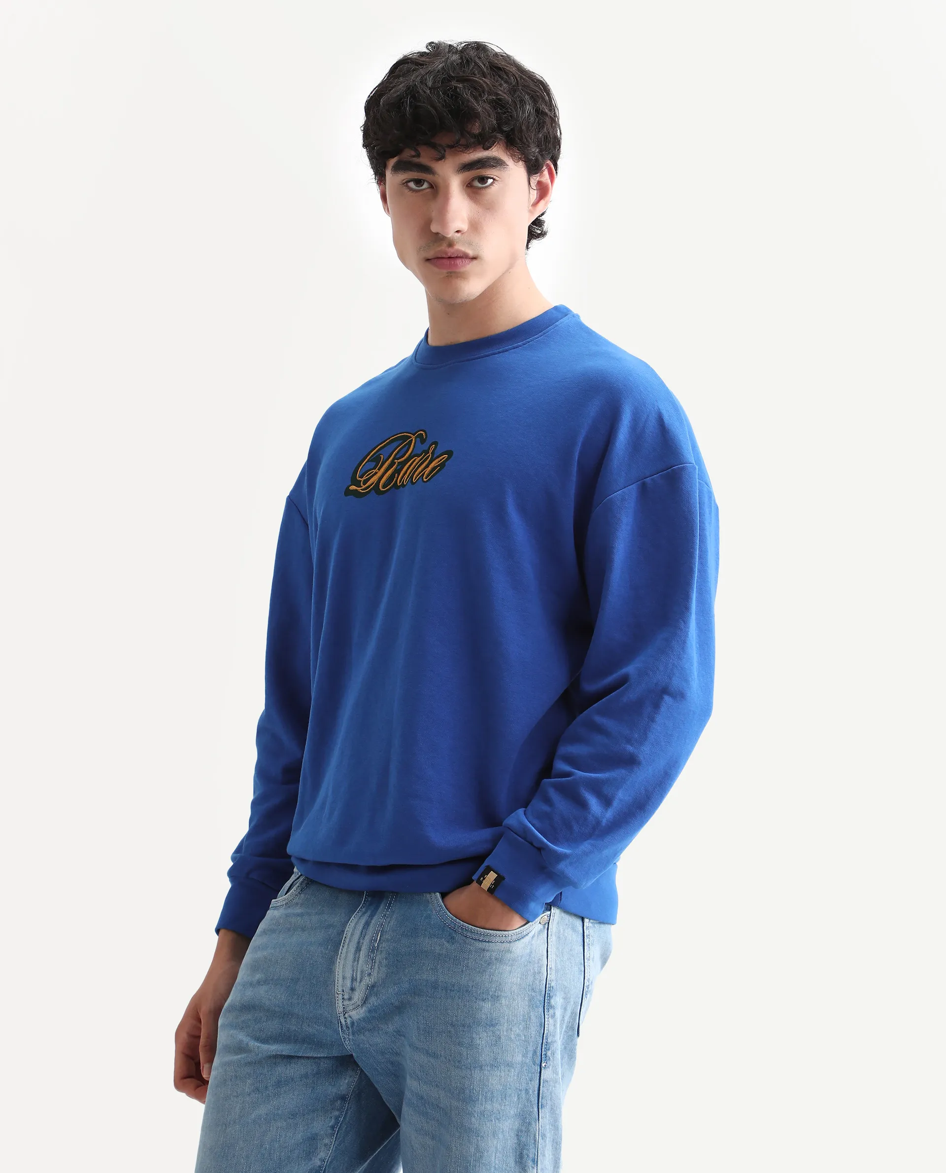 Rare Rabbit Men's Frejus Blue Cotton Blend Embroidered Regular Fit Full Sleeve Crew Neck Sweatshirt - Image 7