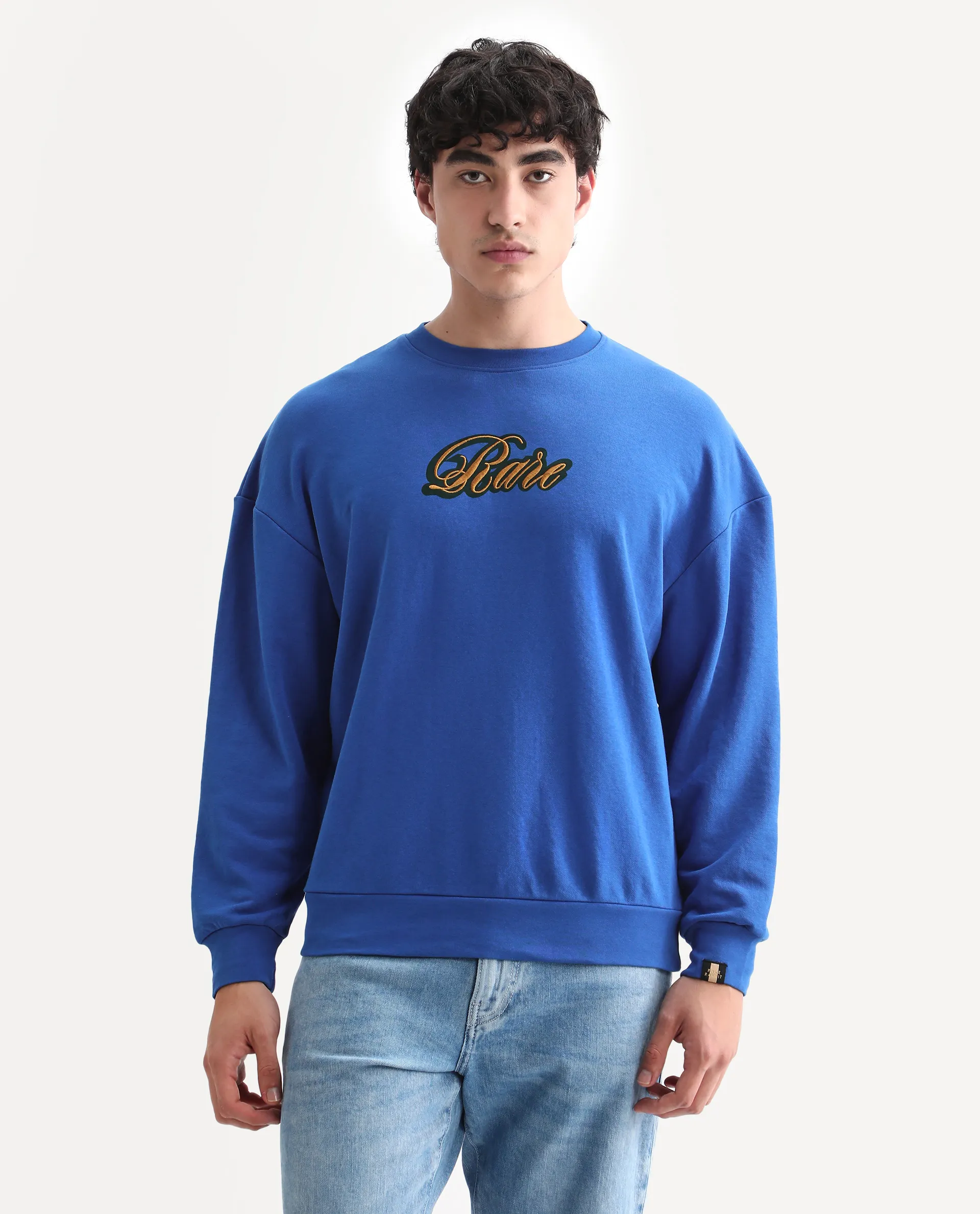 Rare Rabbit Men's Frejus Blue Cotton Blend Embroidered Regular Fit Full Sleeve Crew Neck Sweatshirt - Image 8