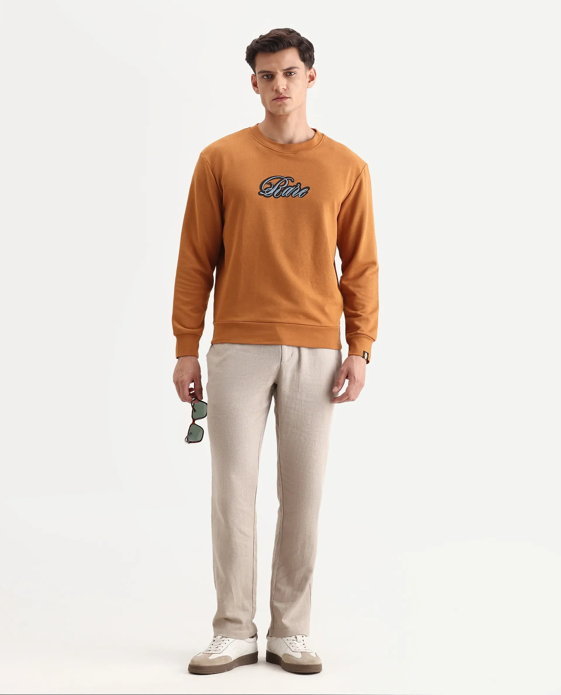 Rare Rabbit Men's Frejus Dusky Orange Cotton Embroidered Regular Fit Full Sleeve Crew Neck Sweatshirt - Image 2