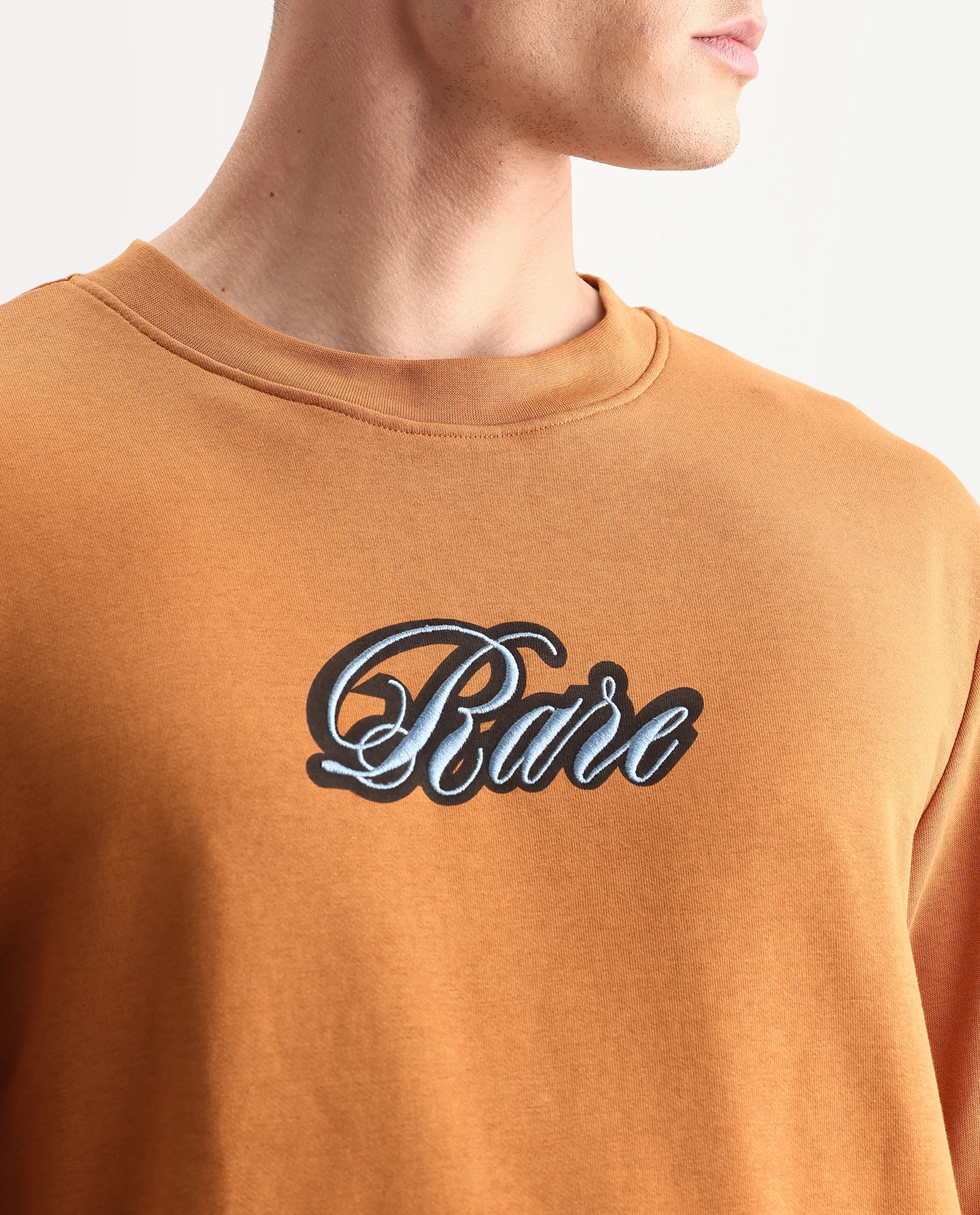 Rare Rabbit Men's Frejus Dusky Orange Cotton Embroidered Regular Fit Full Sleeve Crew Neck Sweatshirt - Image 3