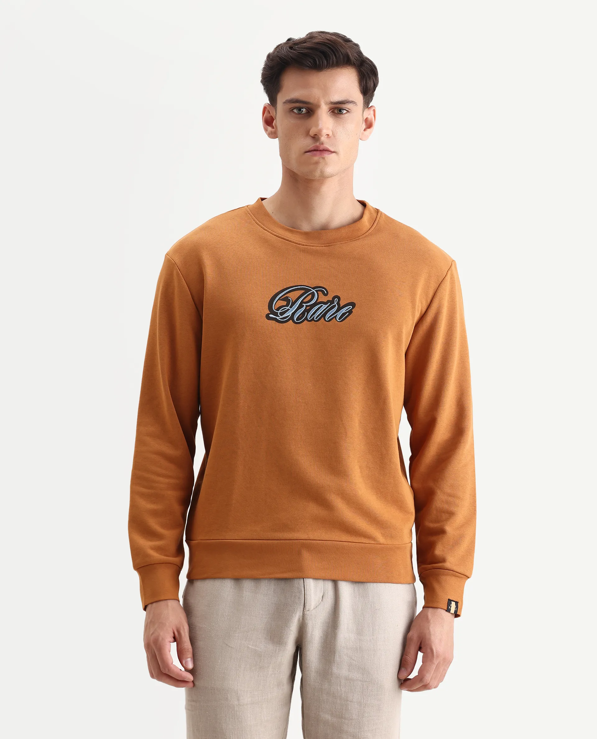 Rare Rabbit Men's Frejus Dusky Orange Cotton Embroidered Regular Fit Full Sleeve Crew Neck Sweatshirt - Image 4