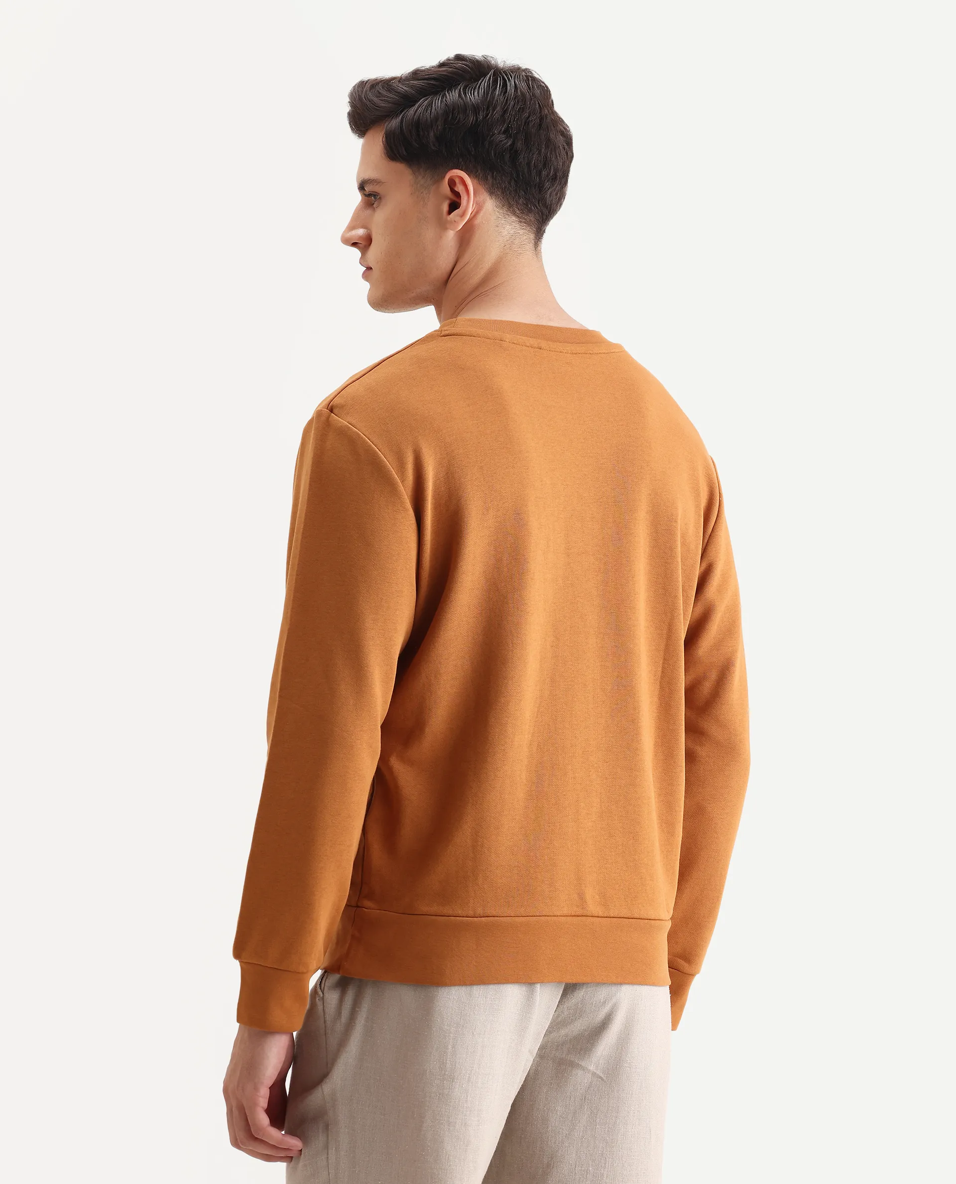 Rare Rabbit Men's Frejus Dusky Orange Cotton Embroidered Regular Fit Full Sleeve Crew Neck Sweatshirt - Image 7