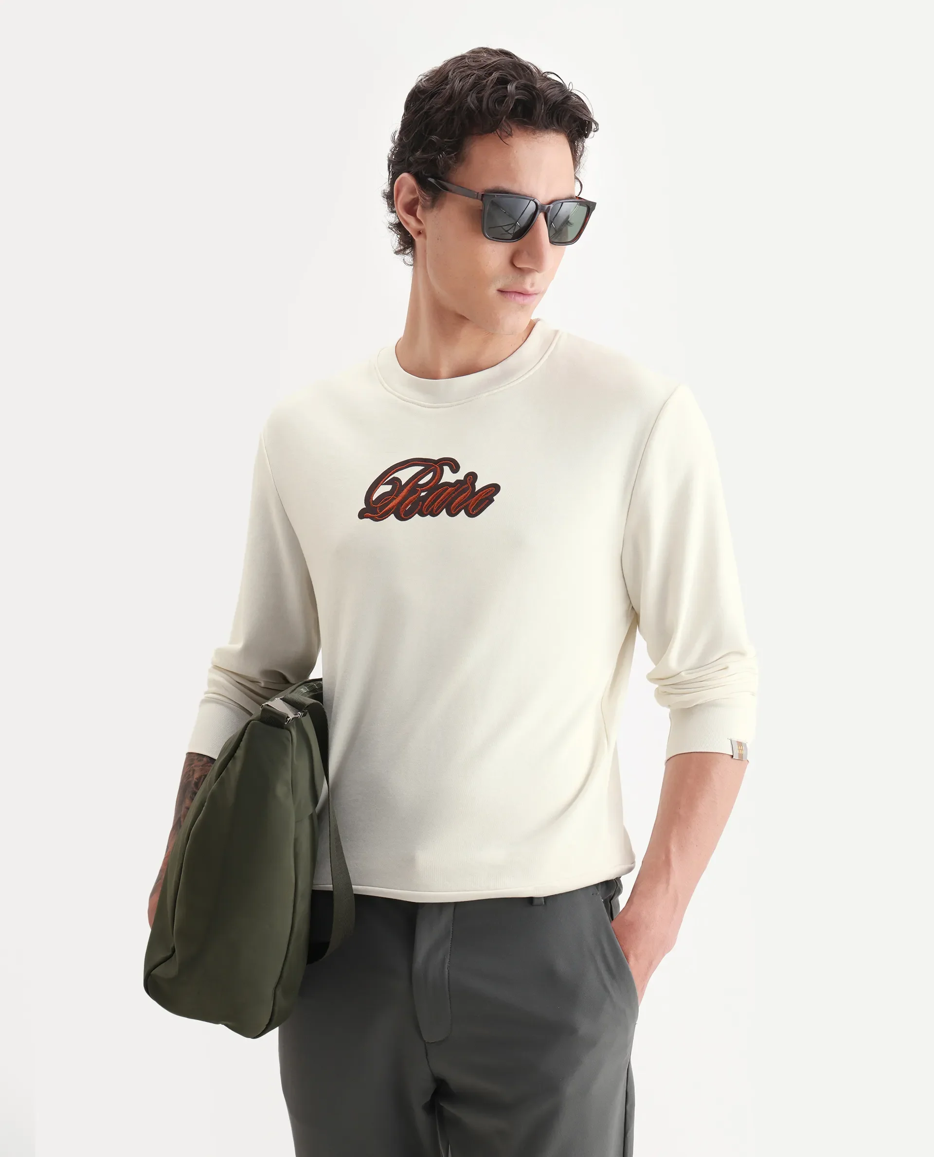 Rare Rabbit Men's Frejus Off White Cotton Embroidered Regular Fit Full Sleeve Crew Neck Sweatshirt