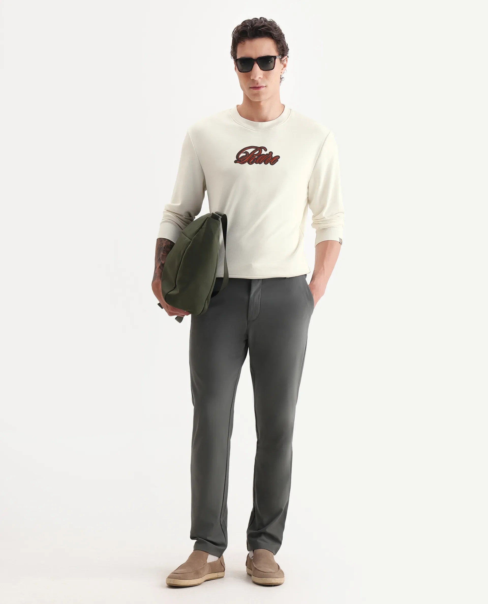 Rare Rabbit Men's Frejus Off White Cotton Embroidered Regular Fit Full Sleeve Crew Neck Sweatshirt - Image 2