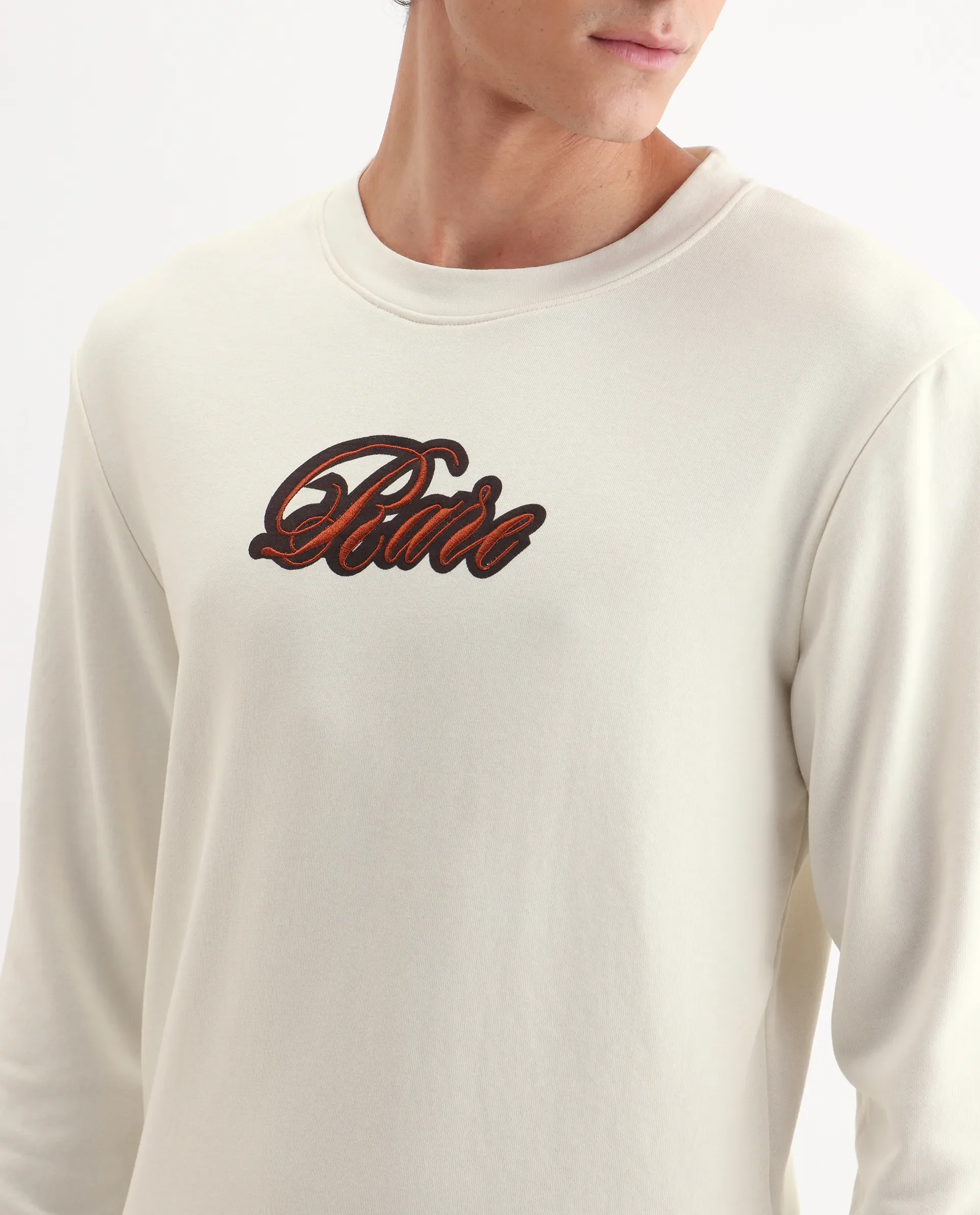 Rare Rabbit Men's Frejus Off White Cotton Embroidered Regular Fit Full Sleeve Crew Neck Sweatshirt - Image 3