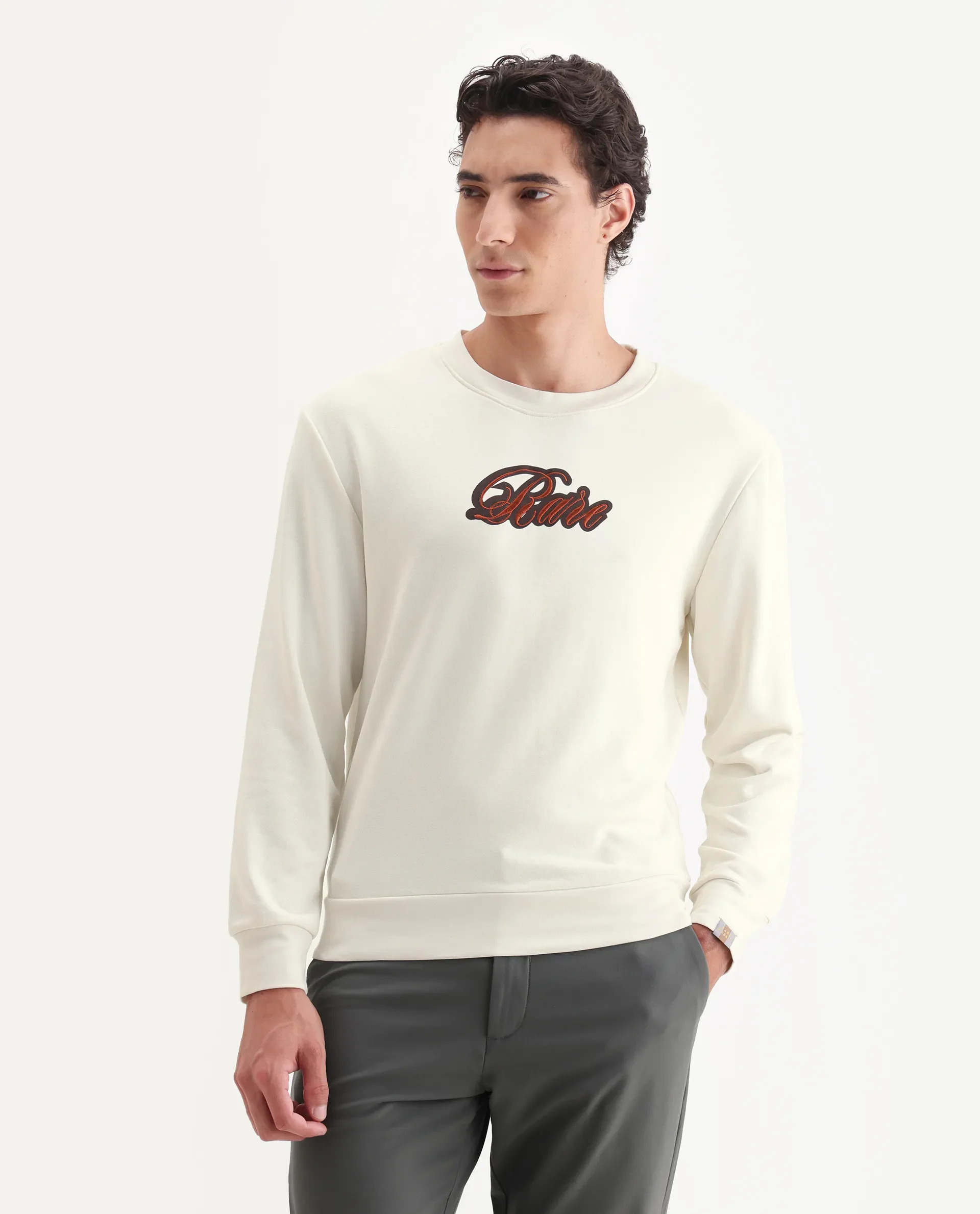 Rare Rabbit Men's Frejus Off White Cotton Embroidered Regular Fit Full Sleeve Crew Neck Sweatshirt - Image 4