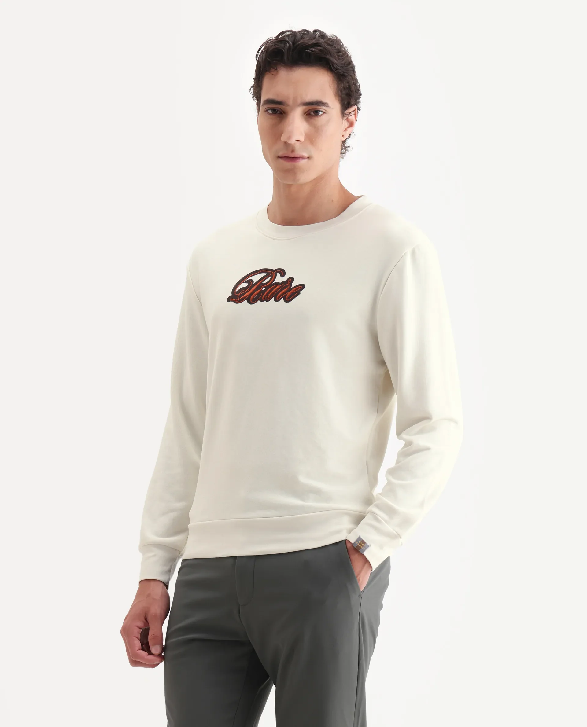 Rare Rabbit Men's Frejus Off White Cotton Embroidered Regular Fit Full Sleeve Crew Neck Sweatshirt - Image 5