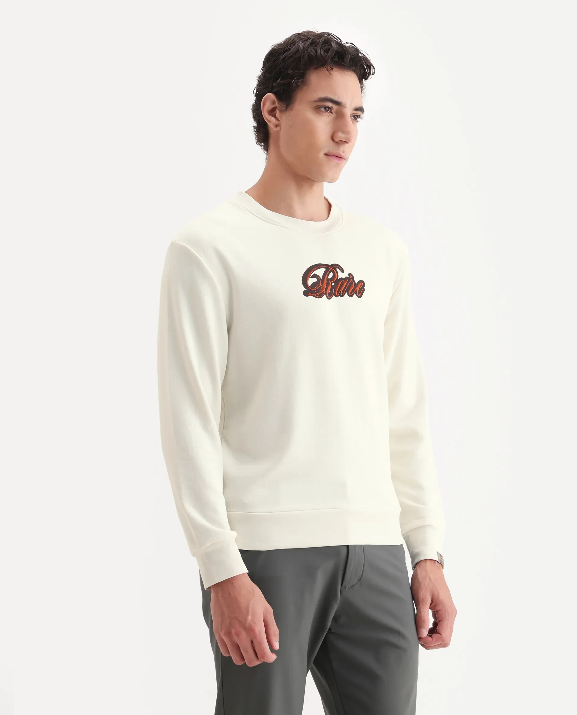 Rare Rabbit Men's Frejus Off White Cotton Embroidered Regular Fit Full Sleeve Crew Neck Sweatshirt - Image 6