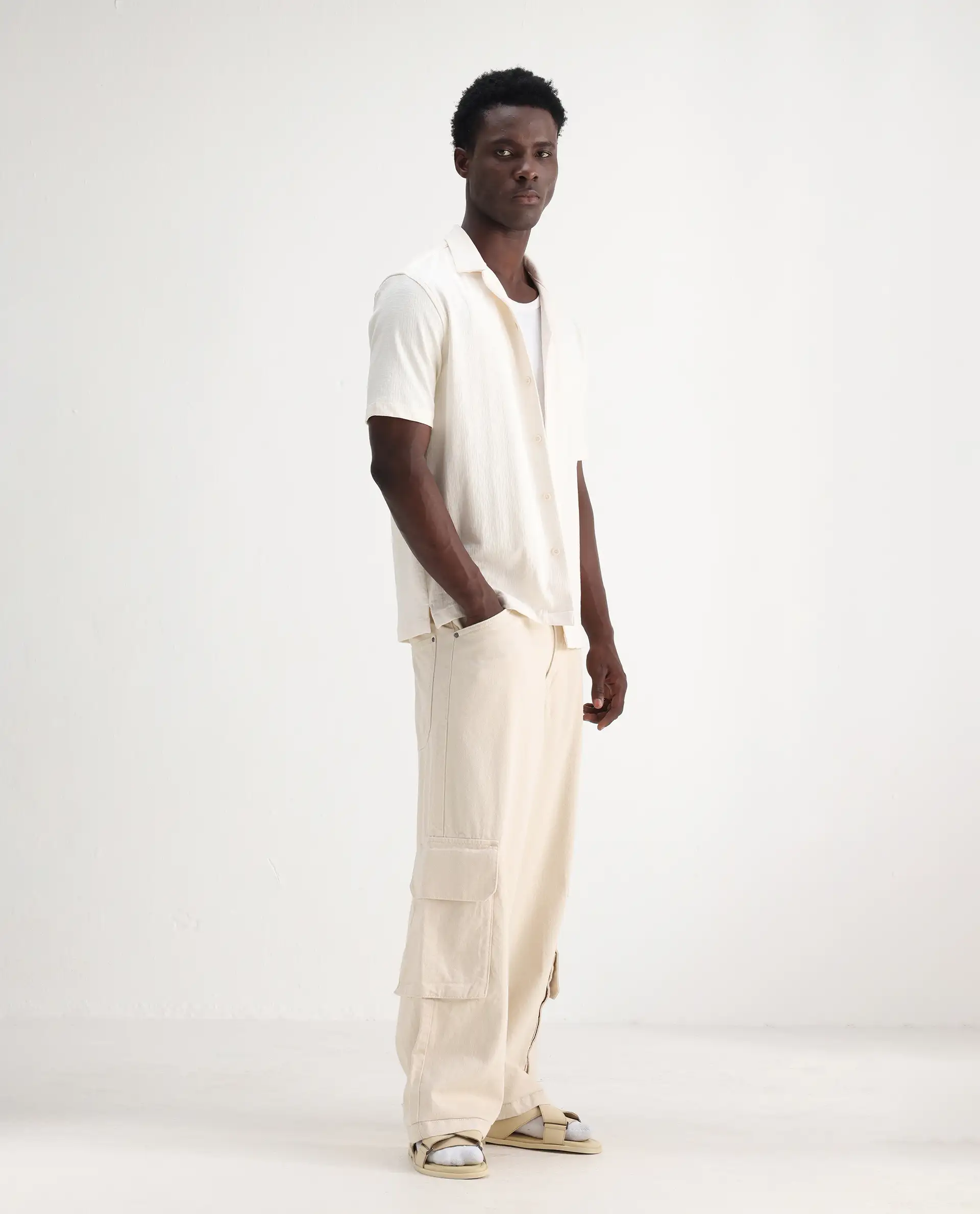 Rare Rabbit Men's Freks Beige Cotton Plain Baggy Fit Jeans - Image 5