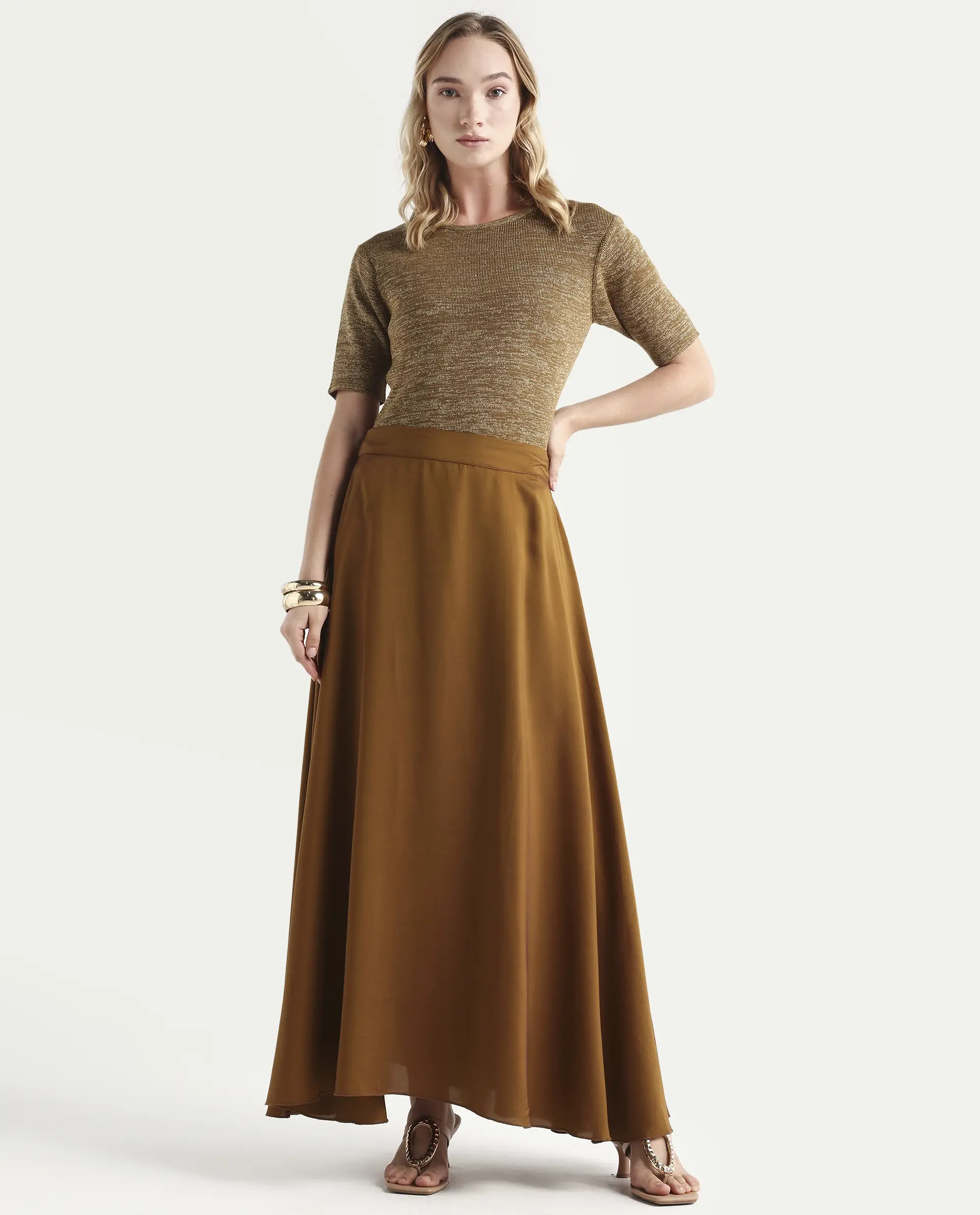 Rareism Women's Frellic Metalic Gold Cotton Blend Crew Neck Regular Fit Plain Top - Image 2