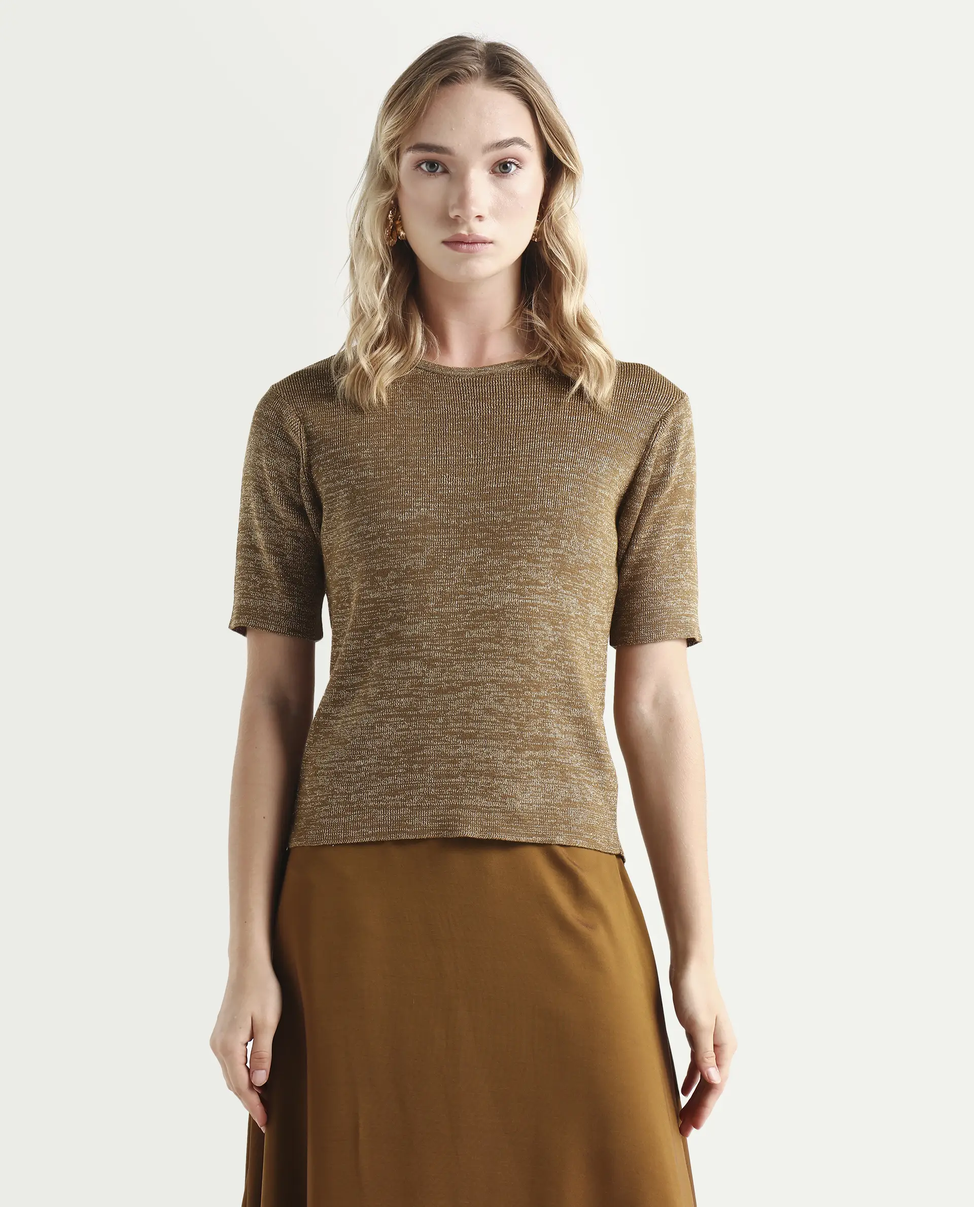 Rareism Women's Frellic Metalic Gold Cotton Blend Crew Neck Regular Fit Plain Top - Image 3