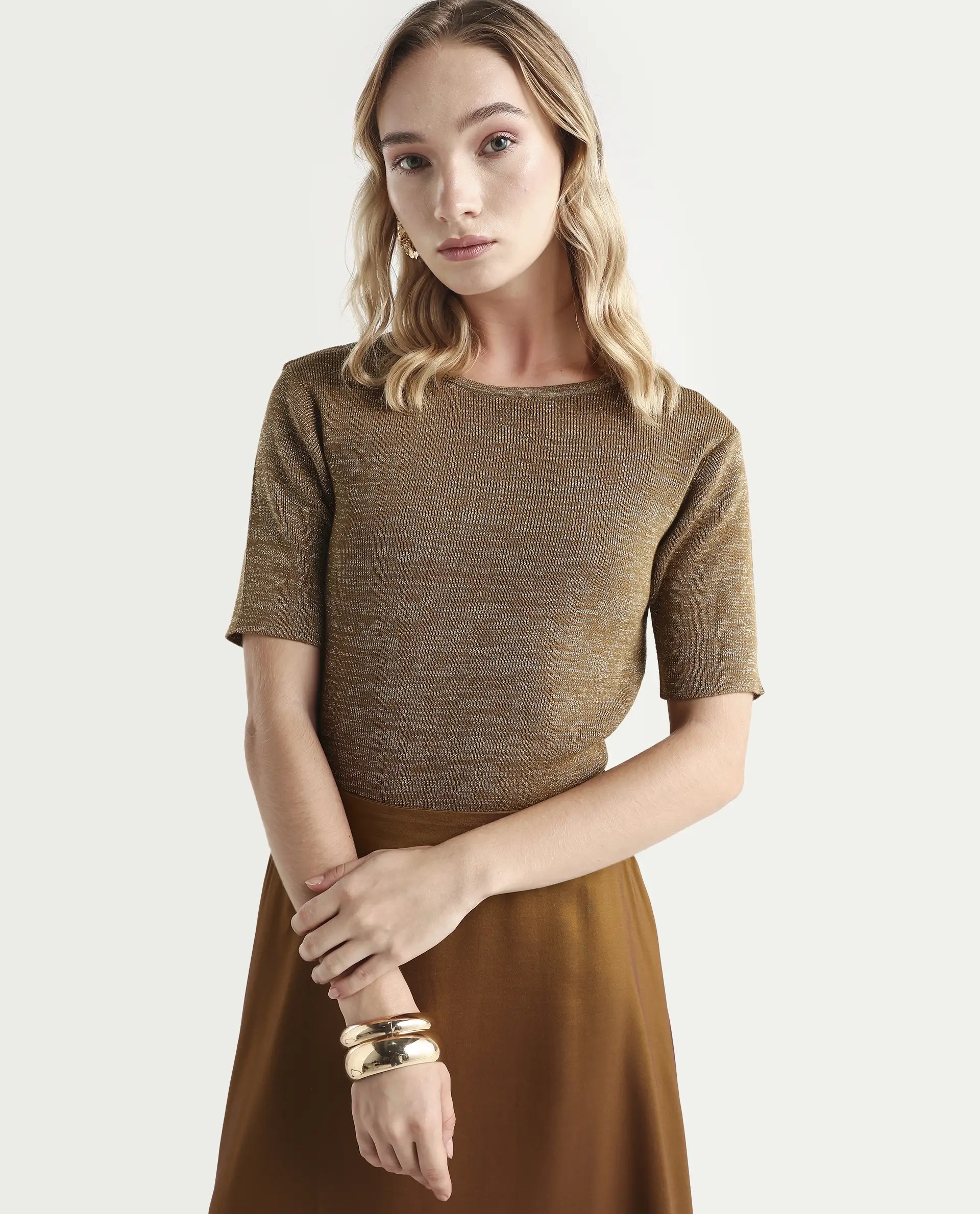 Rareism Women's Frellic Metalic Gold Cotton Blend Crew Neck Regular Fit Plain Top - Image 4