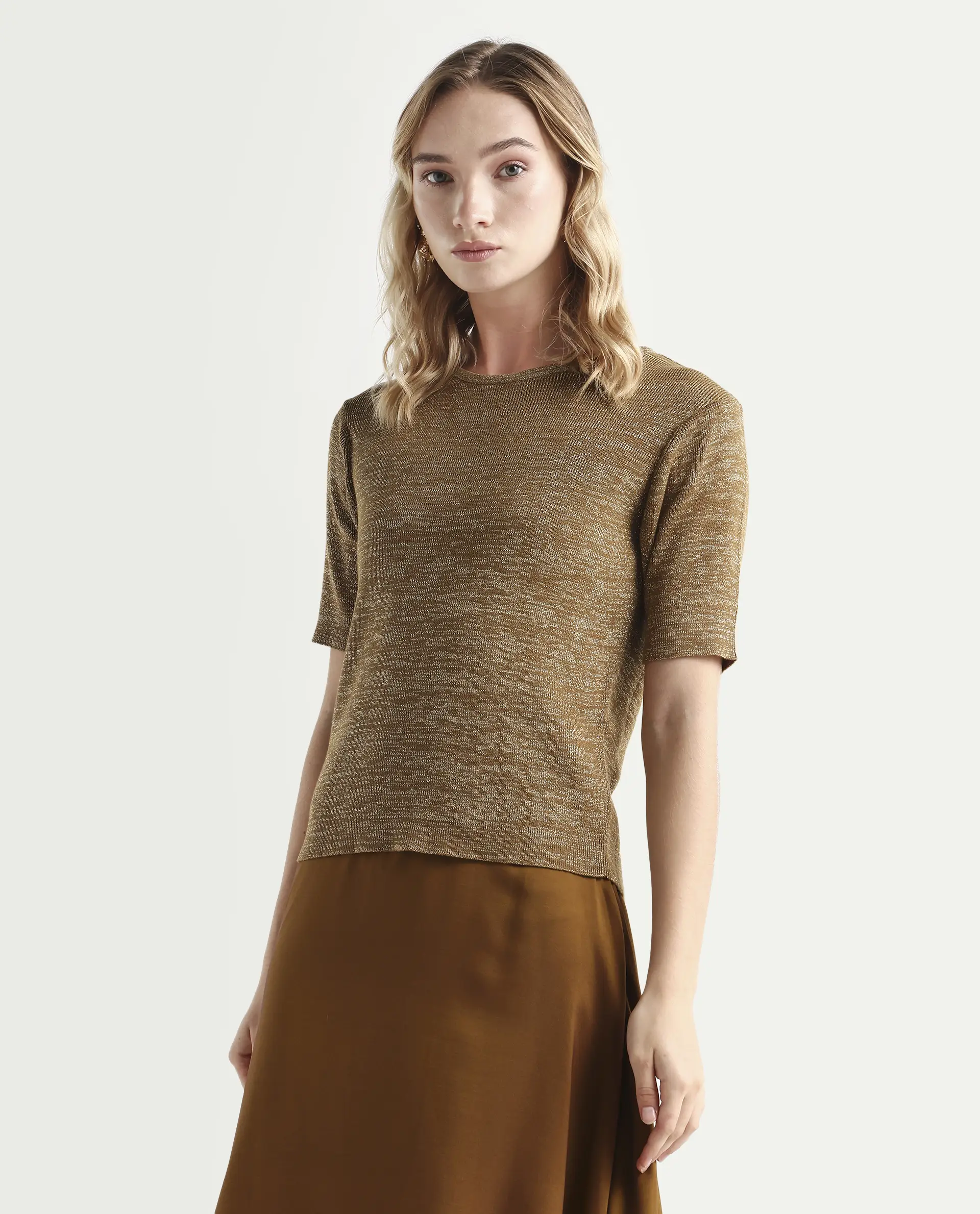 Rareism Women's Frellic Metalic Gold Cotton Blend Crew Neck Regular Fit Plain Top - Image 5