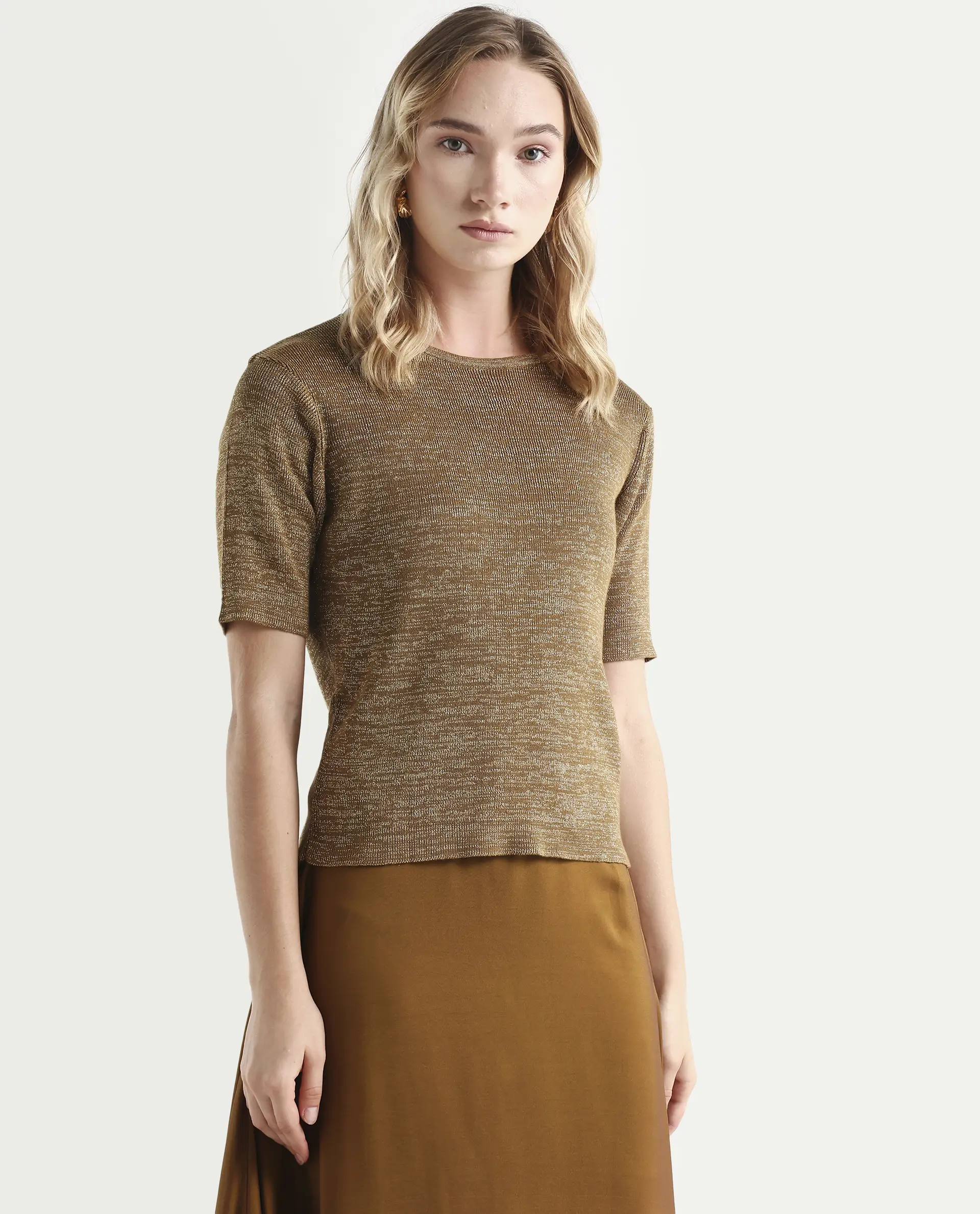Rareism Women's Frellic Metalic Gold Cotton Blend Crew Neck Regular Fit Plain Top - Image 6
