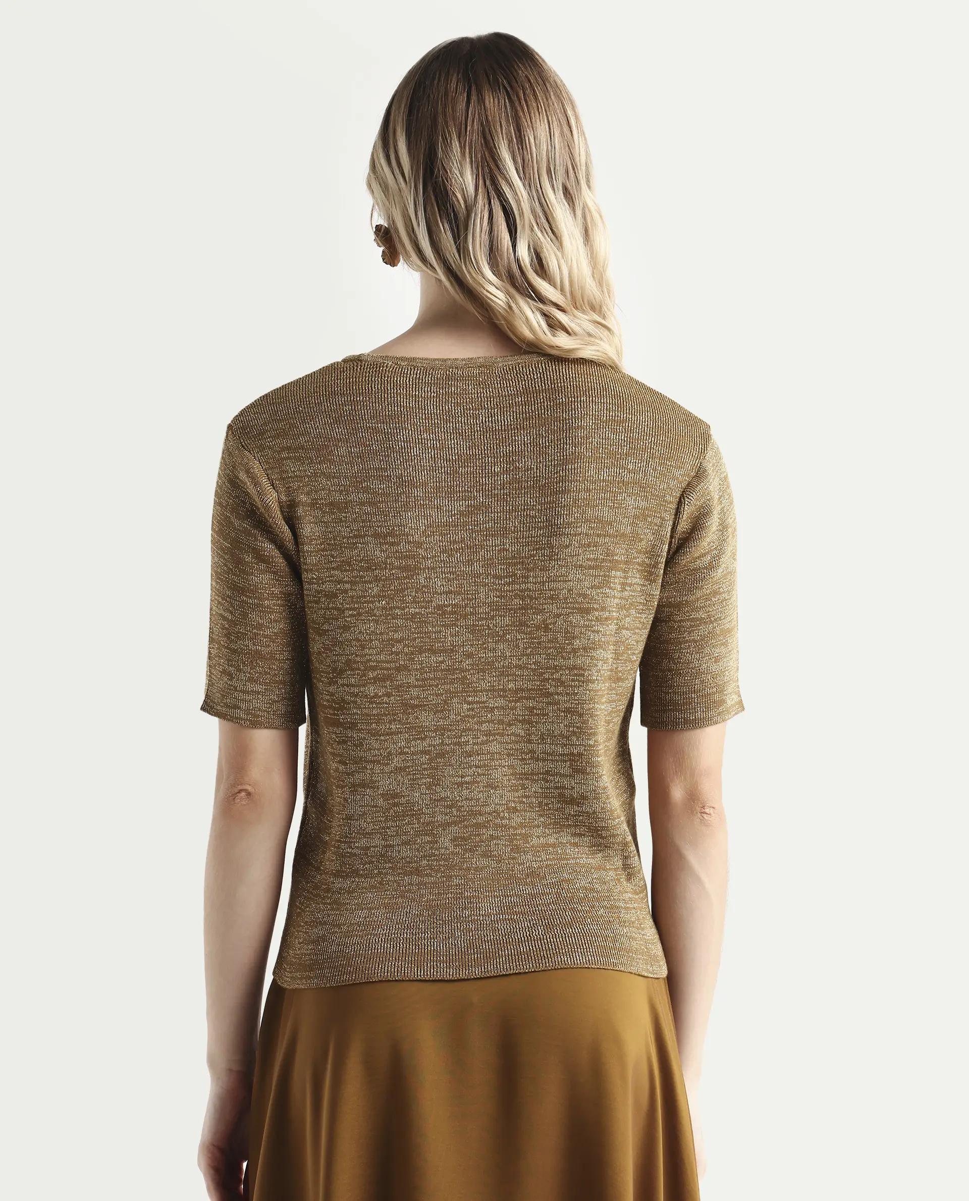 Rareism Women's Frellic Metalic Gold Cotton Blend Crew Neck Regular Fit Plain Top - Image 7