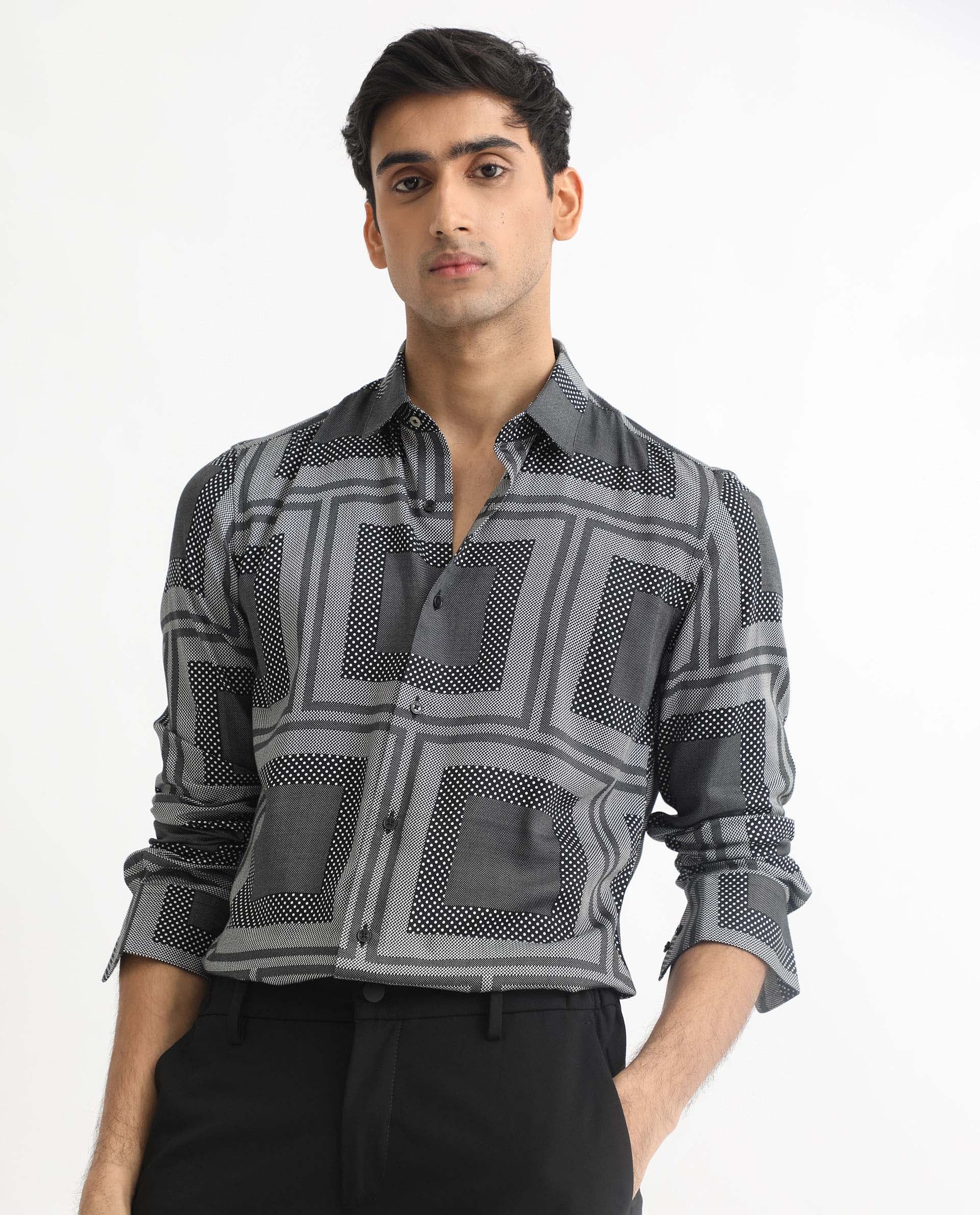 Rare Rabbit Men's Freme Black Cotton Geometric Print Regular Fit Full Sleeve Collared Shirt - Image 3