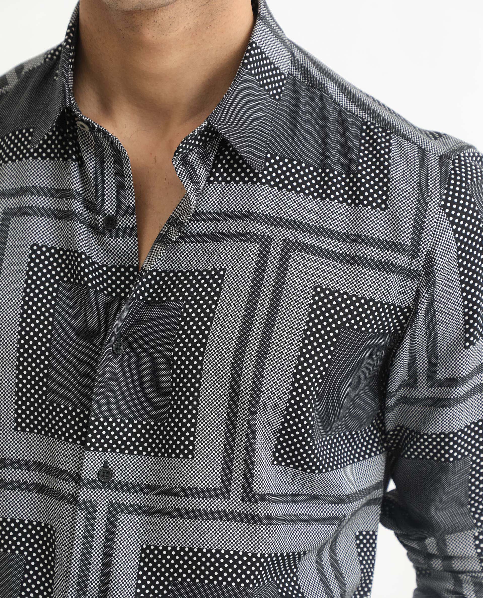 Rare Rabbit Men's Freme Black Cotton Geometric Print Regular Fit Full Sleeve Collared Shirt - Image 4