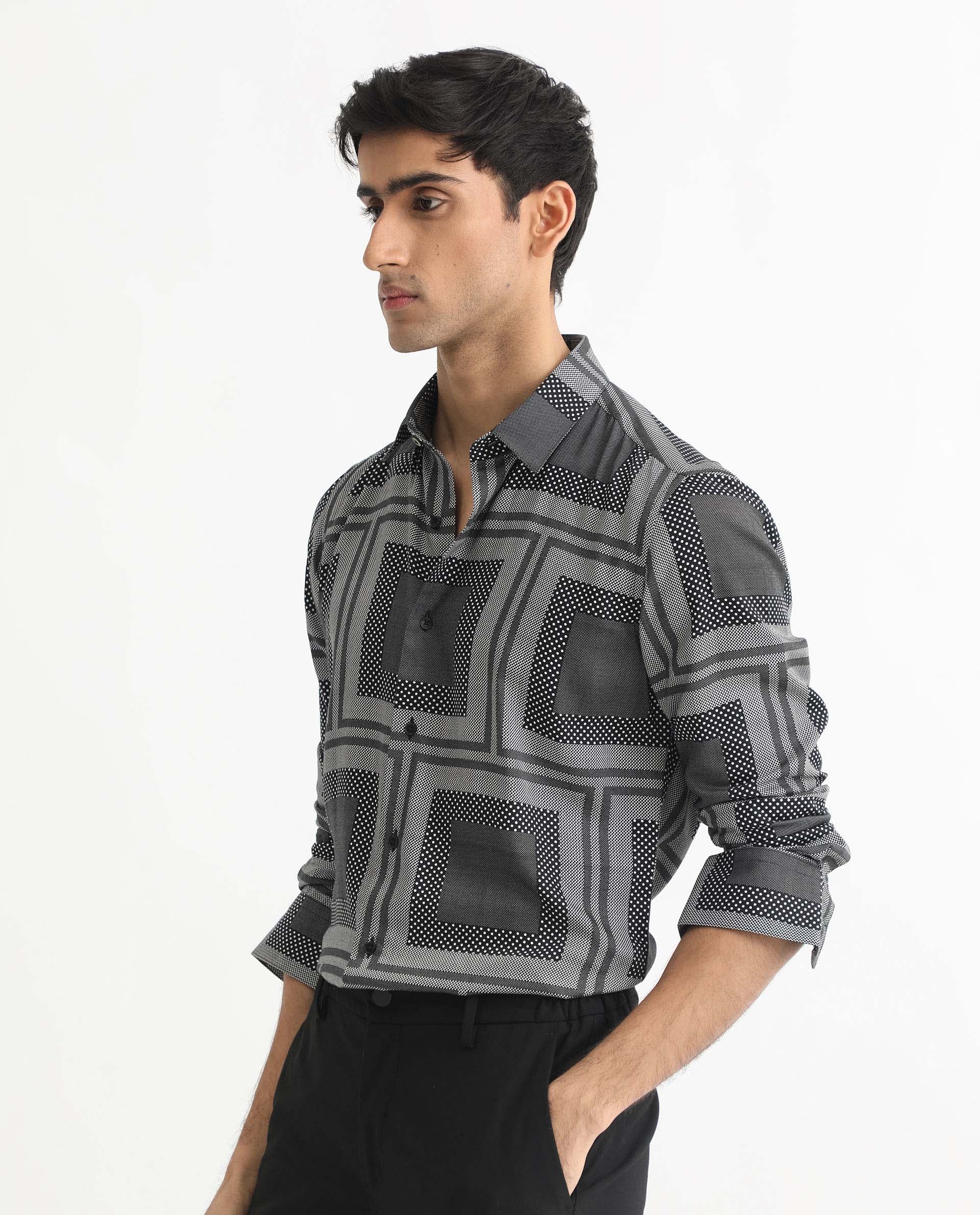 Rare Rabbit Men's Freme Black Cotton Geometric Print Regular Fit Full Sleeve Collared Shirt - Image 6