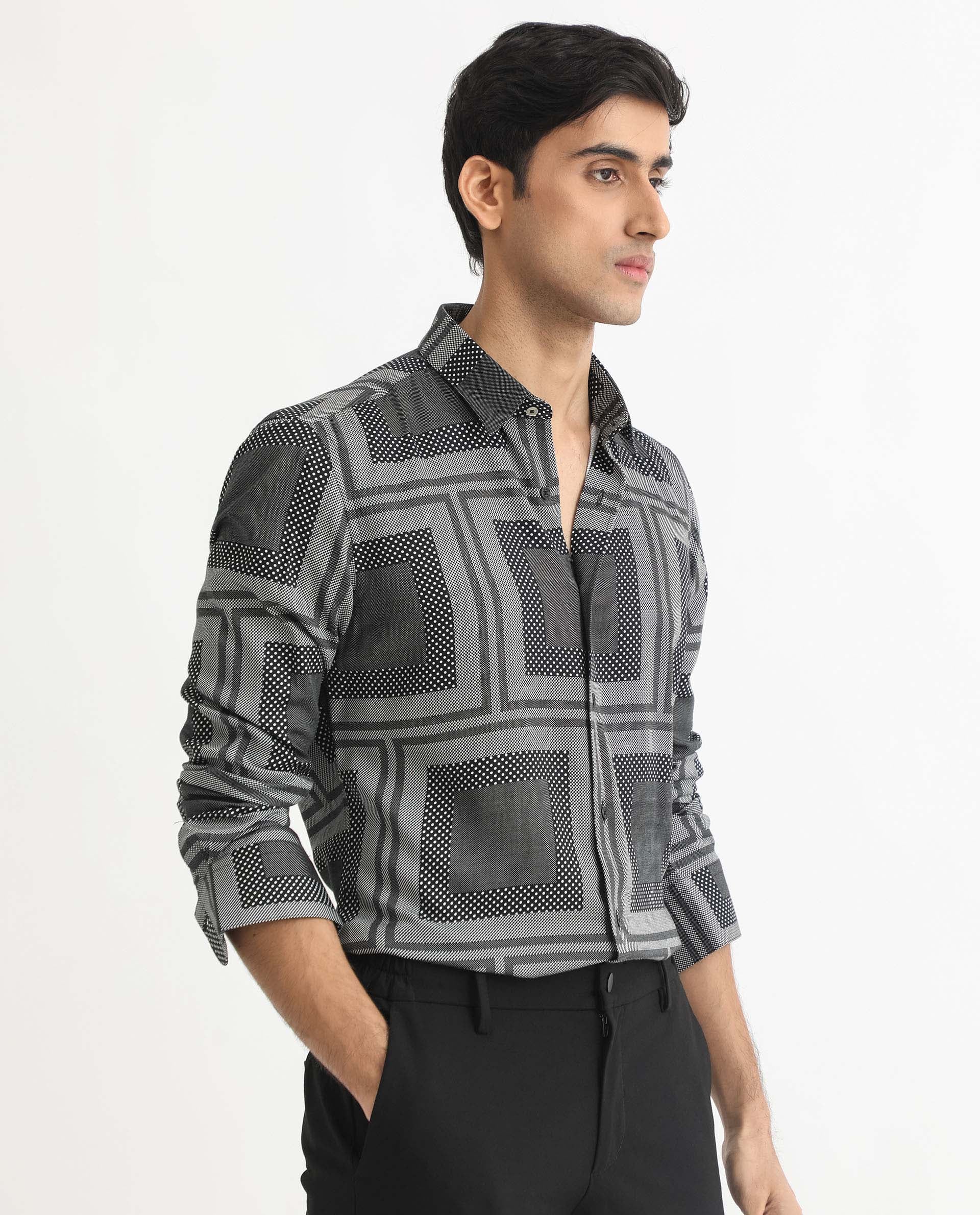 Rare Rabbit Men's Freme Black Cotton Geometric Print Regular Fit Full Sleeve Collared Shirt - Image 7