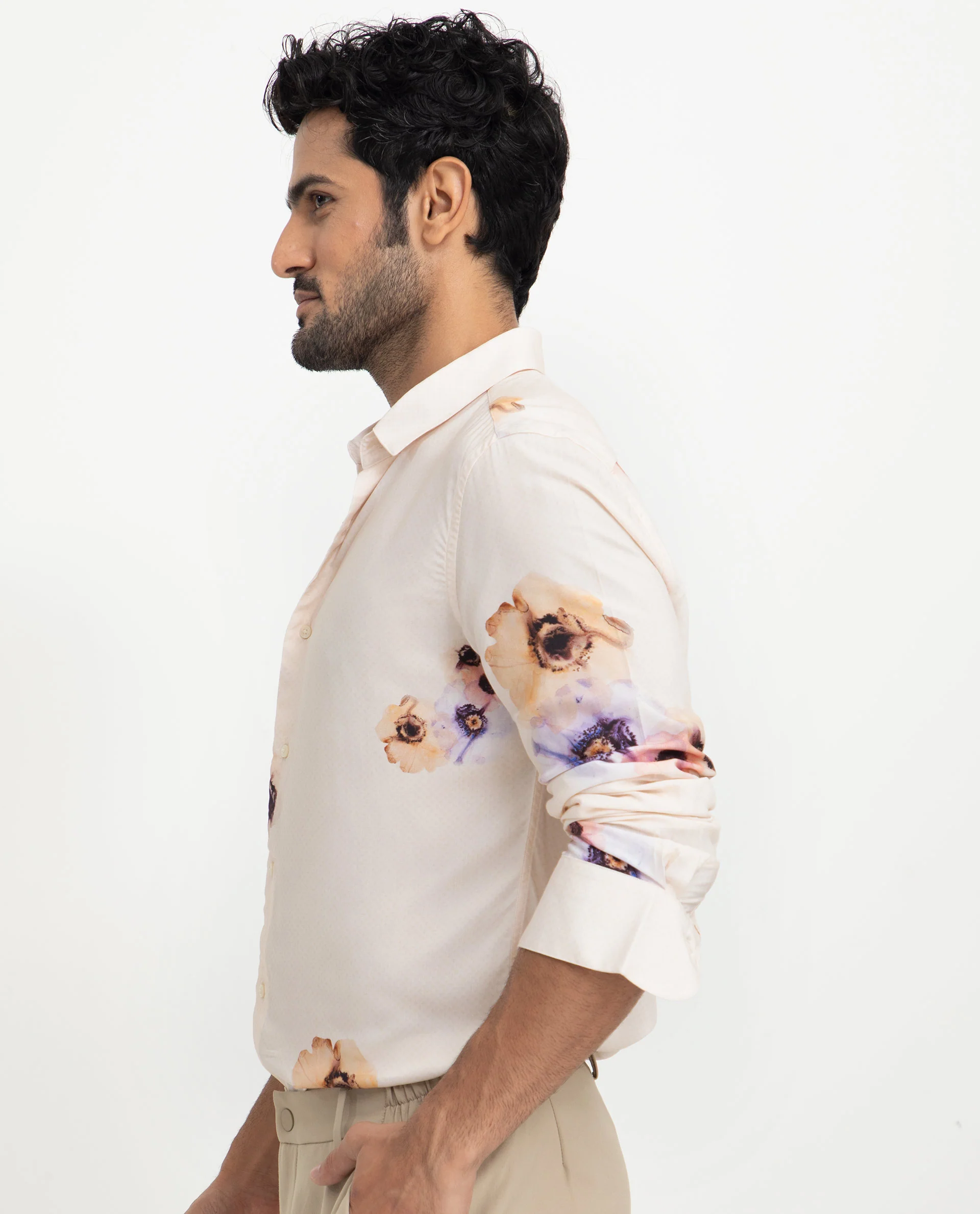Rare Rabbit Men's French Off White Viscose Floral Print Regular Fit Full Sleeve Collared Shirt - Image 3