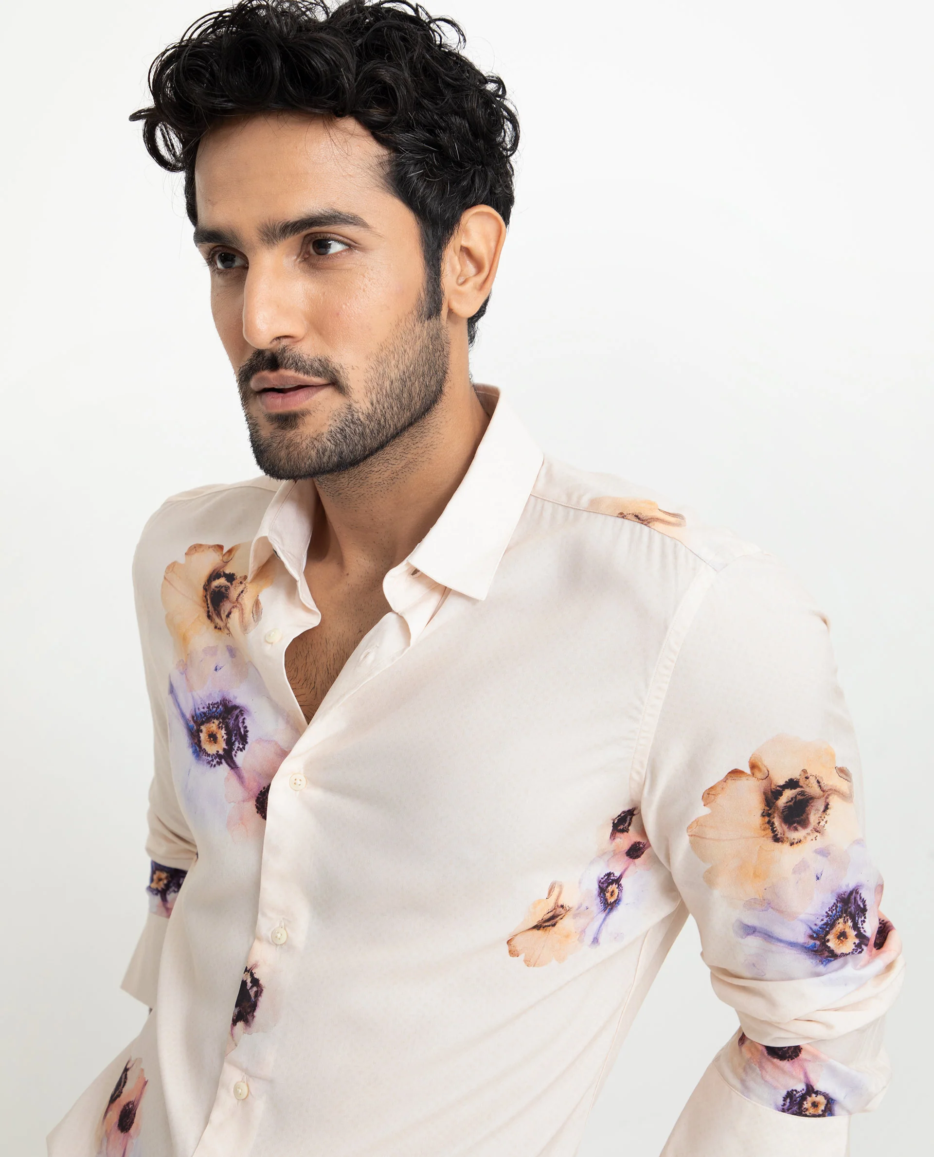 Rare Rabbit Men's French Off White Viscose Floral Print Regular Fit Full Sleeve Collared Shirt - Image 6