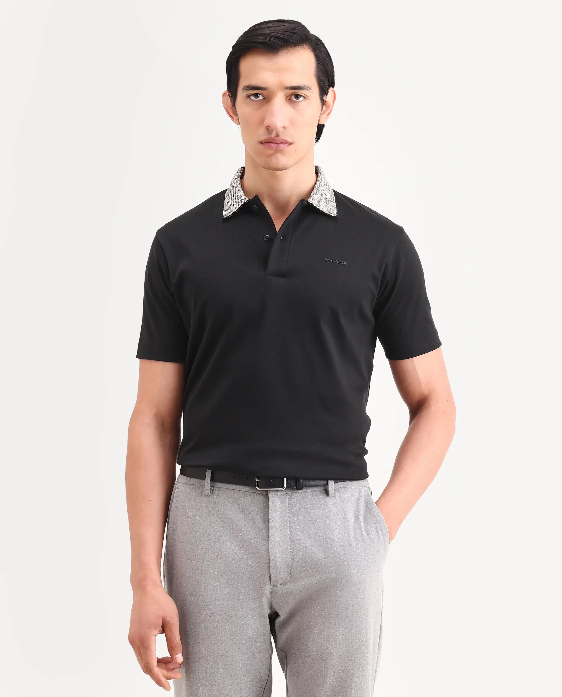 Rare Rabbit Men's Frep Black Cotton Fabric Half Sleeve Spread Collar Regular Fit Plain Polo