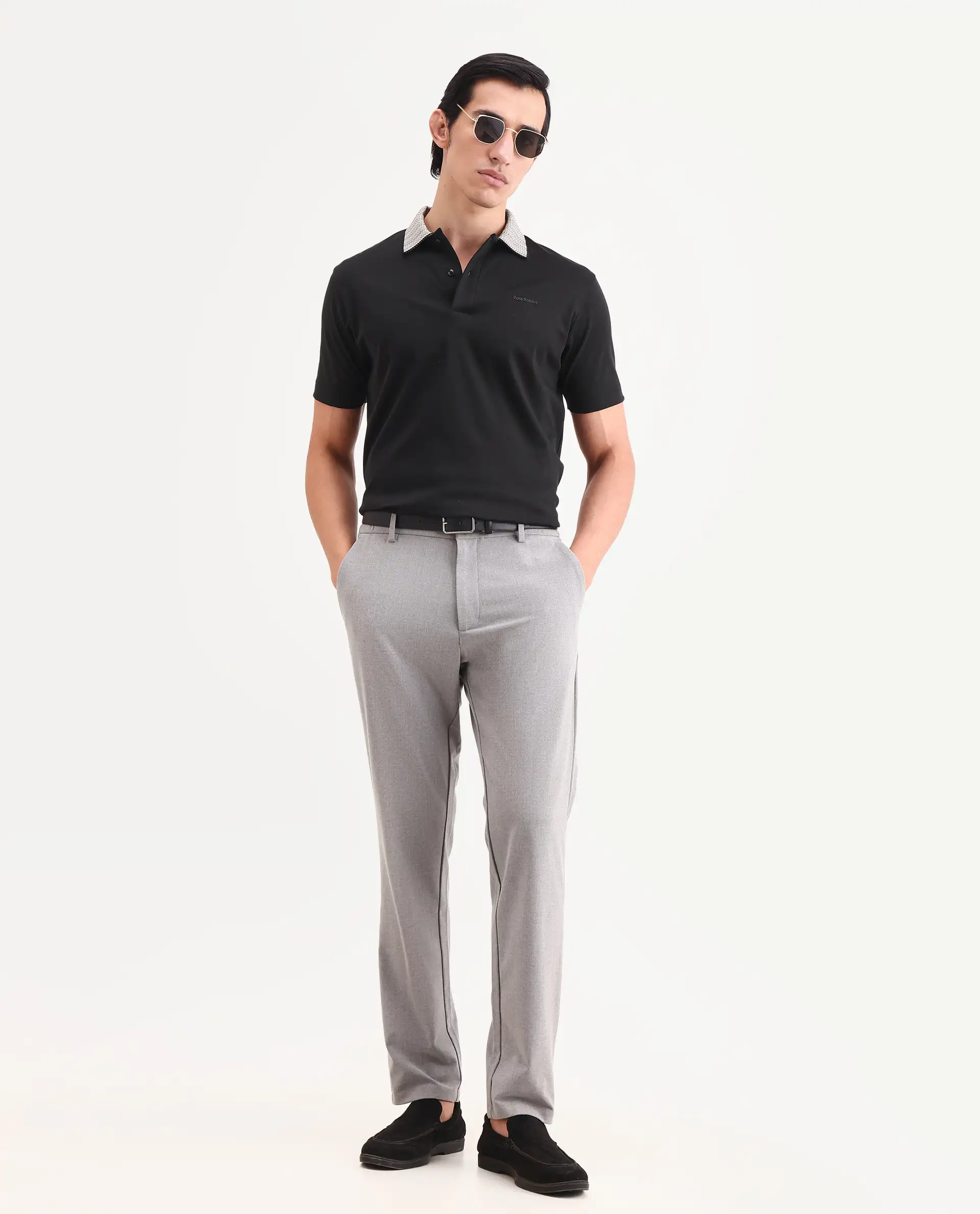 Rare Rabbit Men's Frep Black Cotton Fabric Half Sleeve Spread Collar Regular Fit Plain Polo - Image 2