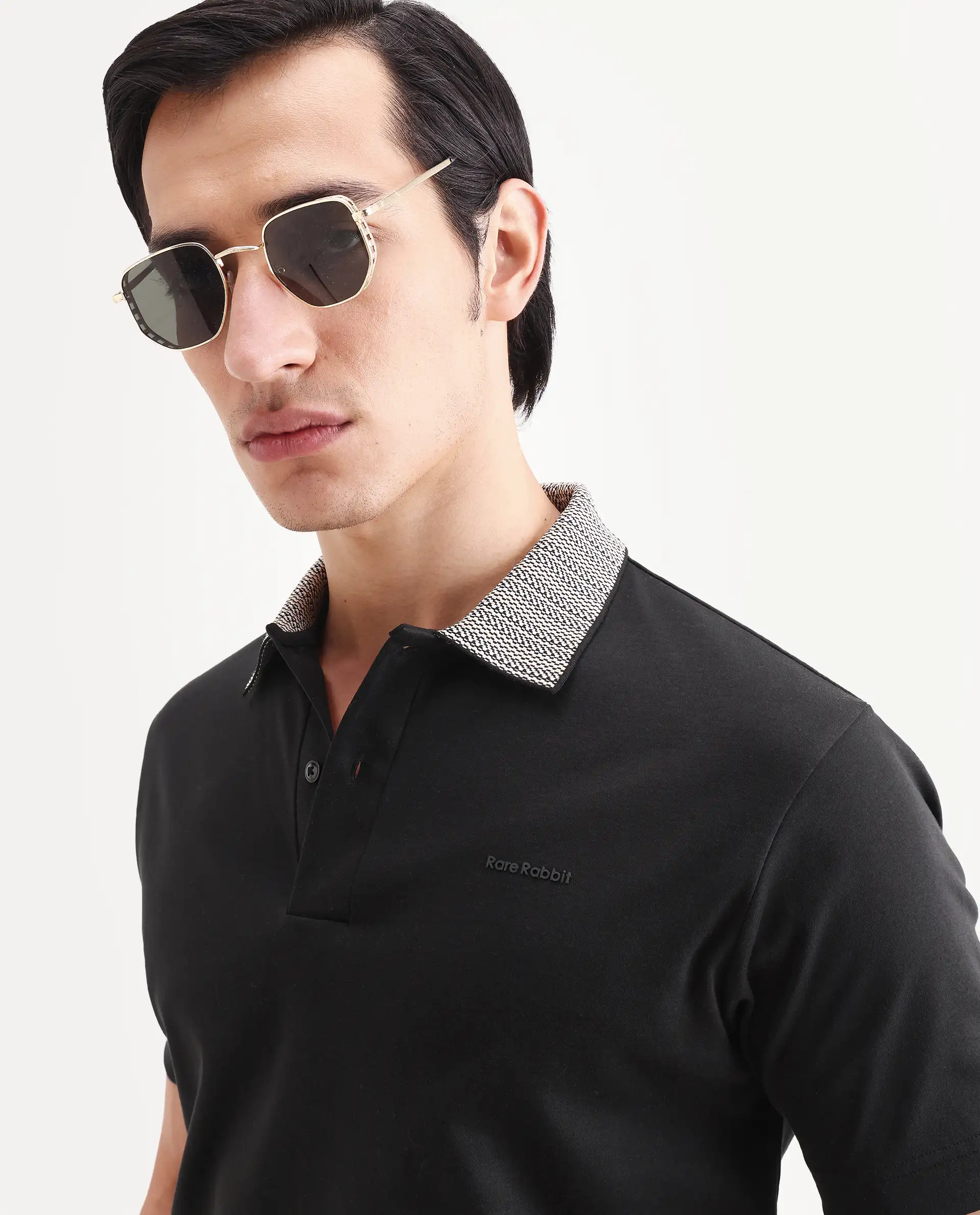 Rare Rabbit Men's Frep Black Cotton Fabric Half Sleeve Spread Collar Regular Fit Plain Polo - Image 3