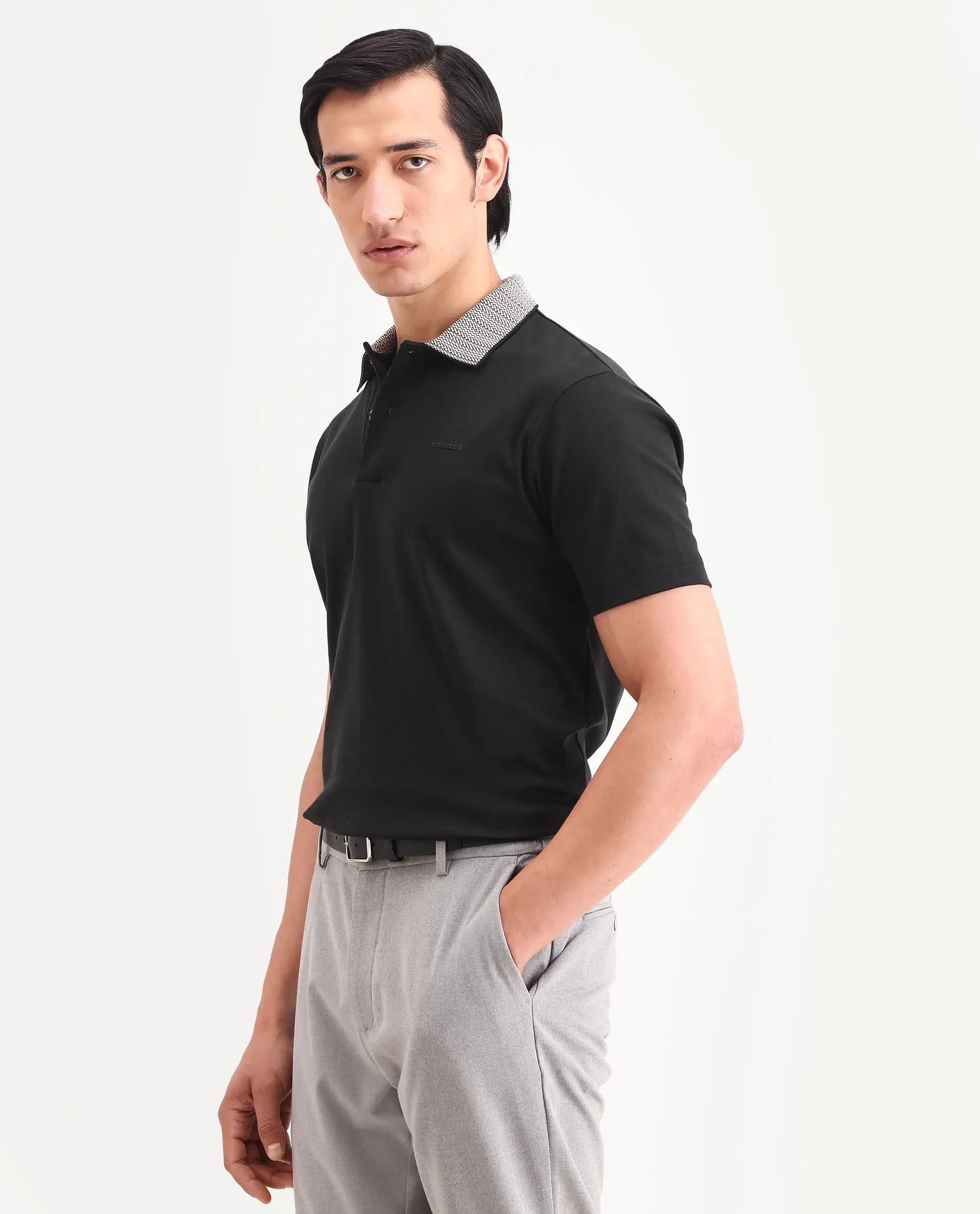 Rare Rabbit Men's Frep Black Cotton Fabric Half Sleeve Spread Collar Regular Fit Plain Polo - Image 4