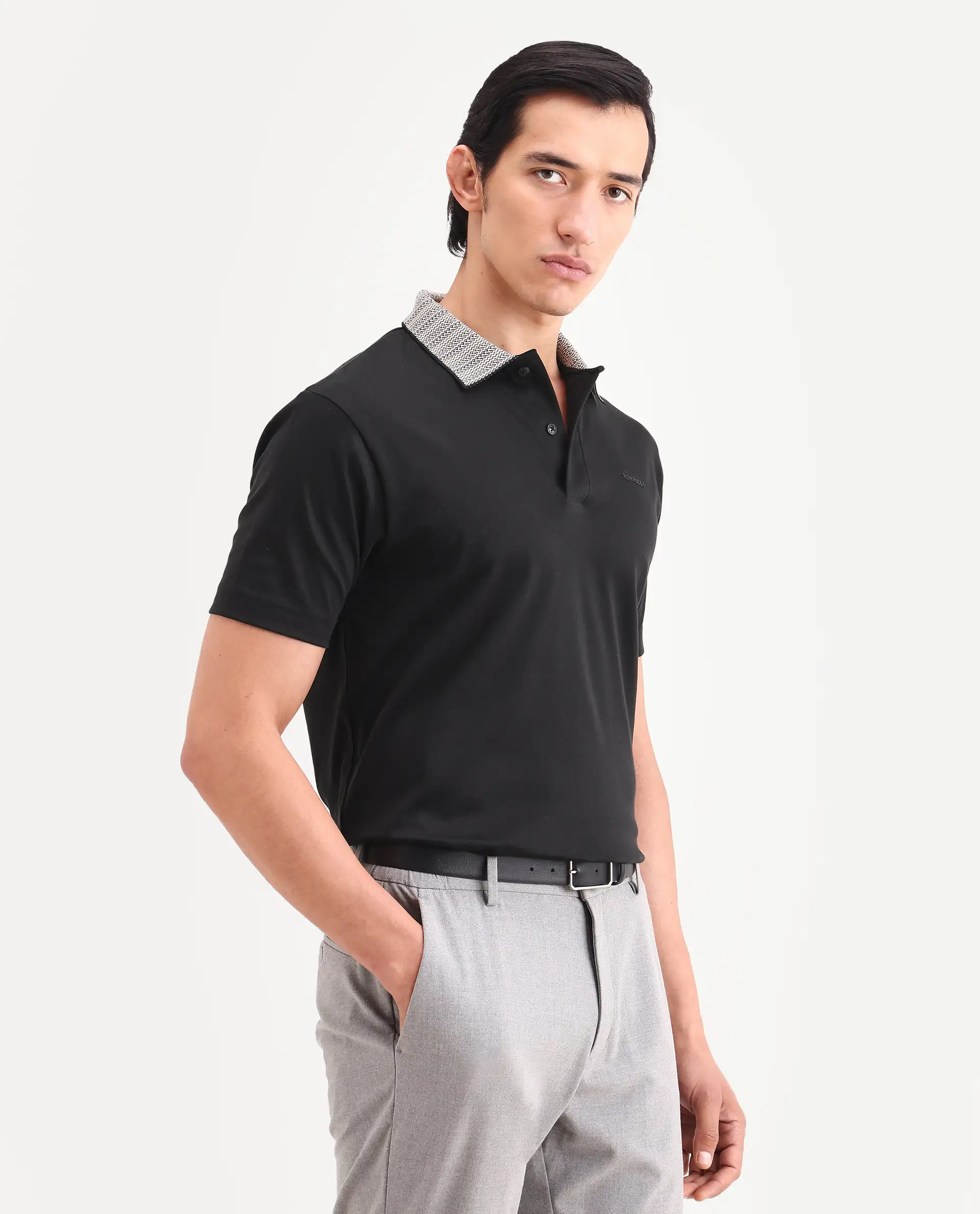 Rare Rabbit Men's Frep Black Cotton Fabric Half Sleeve Spread Collar Regular Fit Plain Polo - Image 5