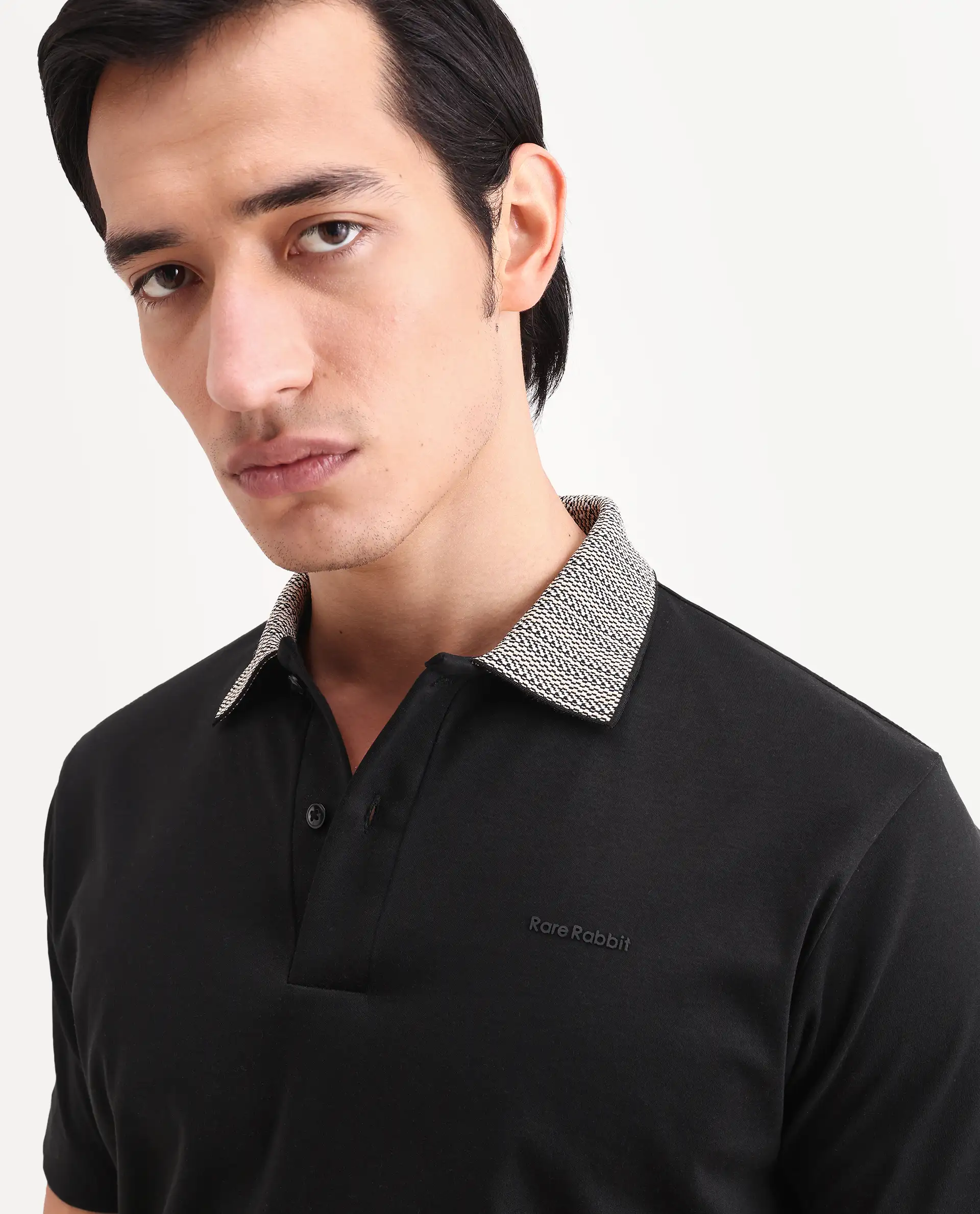 Rare Rabbit Men's Frep Black Cotton Fabric Half Sleeve Spread Collar Regular Fit Plain Polo - Image 6