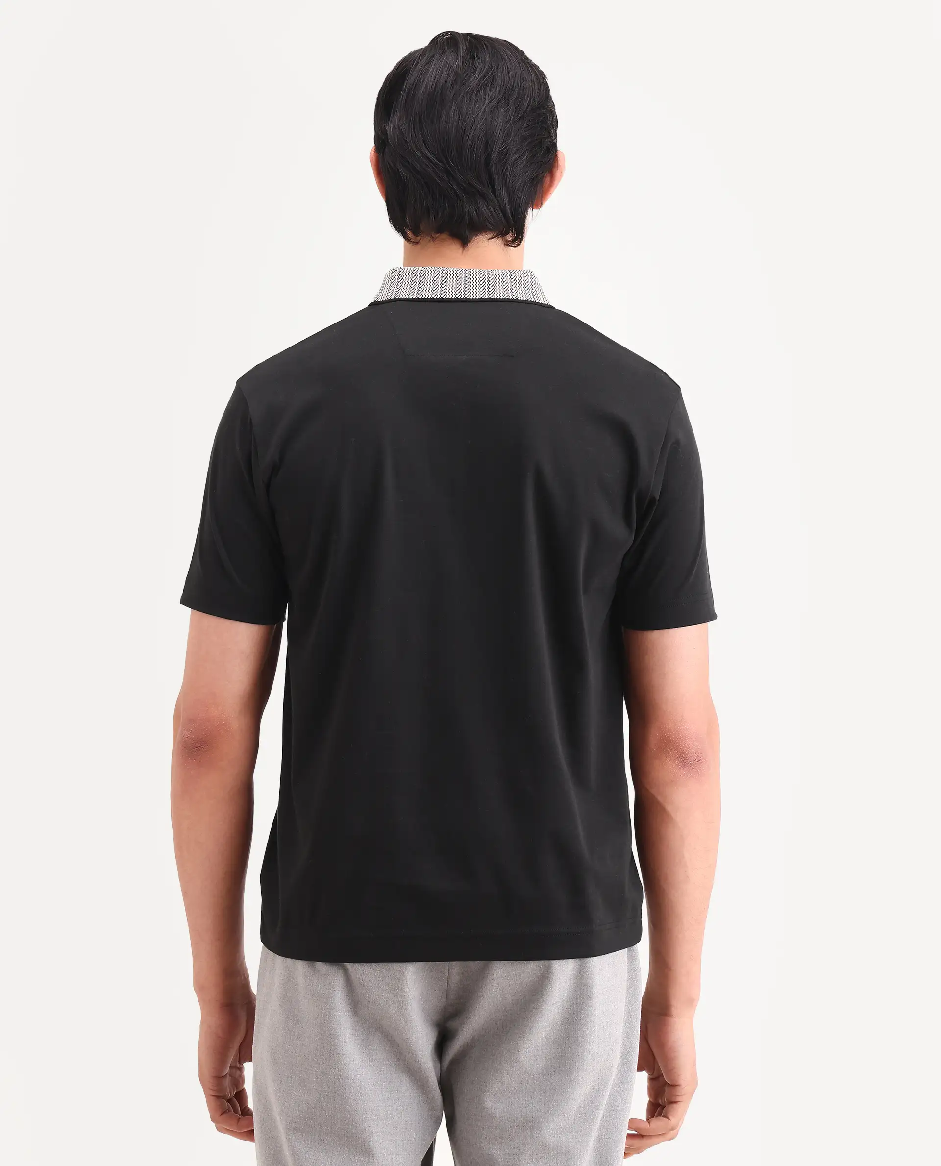 Rare Rabbit Men's Frep Black Cotton Fabric Half Sleeve Spread Collar Regular Fit Plain Polo - Image 7