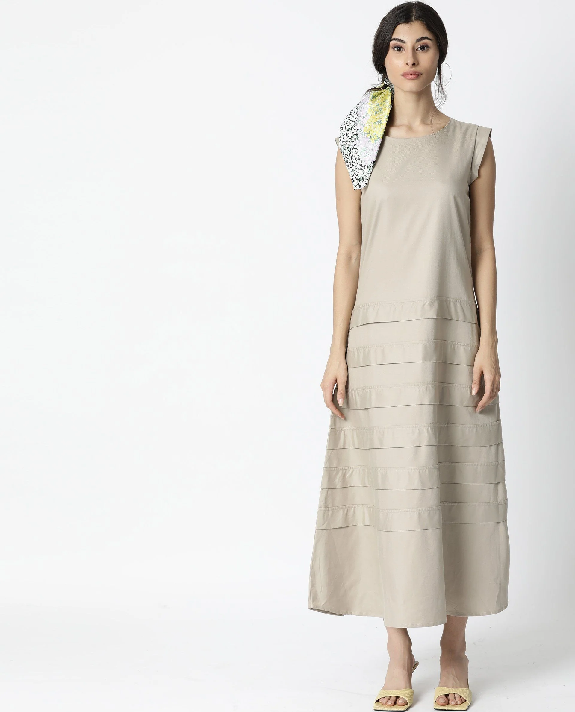 Rareism Women Fresh Beige Dress Long Length Tencel Fabric Sleeveless Round Neck