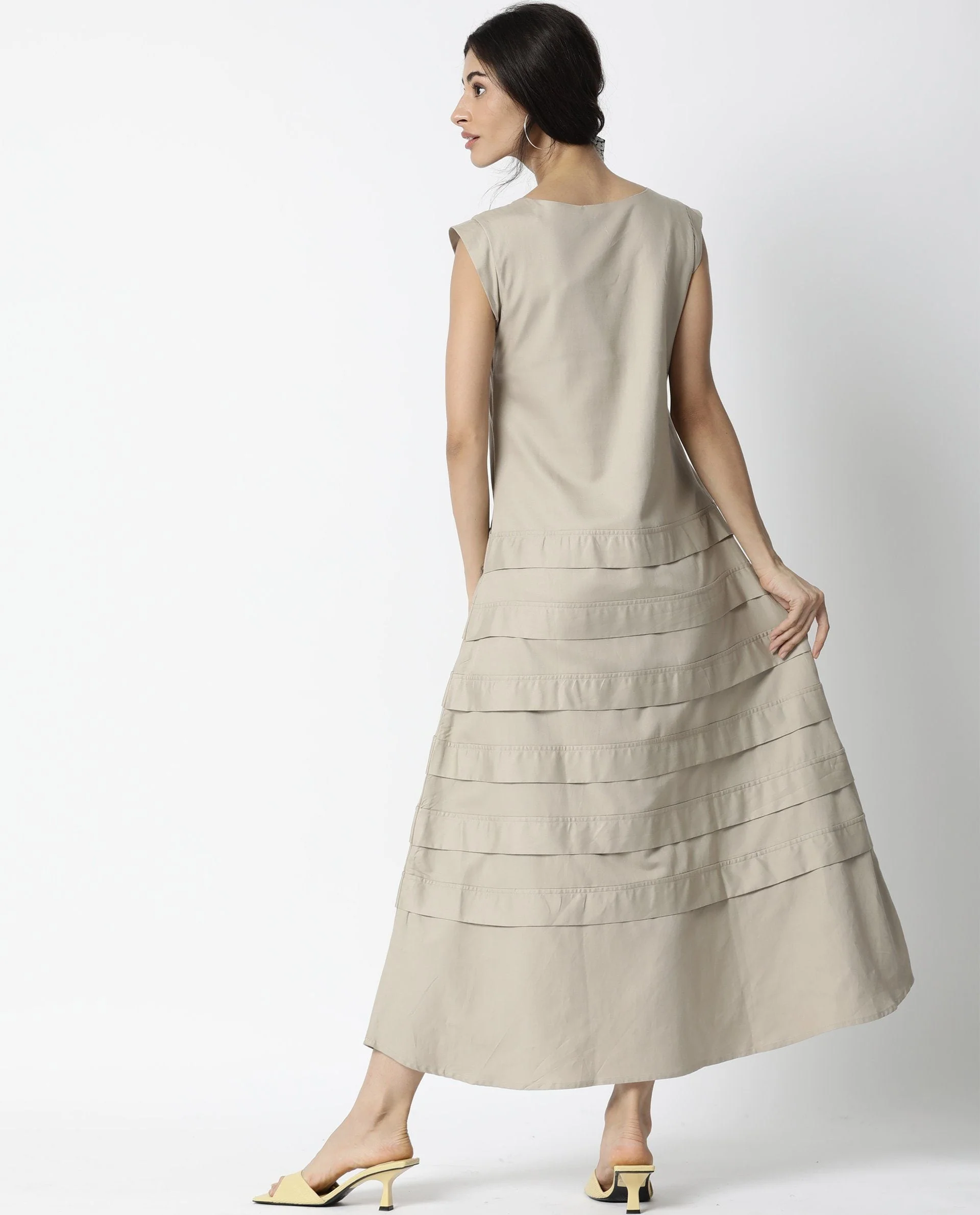 Rareism Women Fresh Beige Dress Long Length Tencel Fabric Sleeveless Round Neck - Image 3