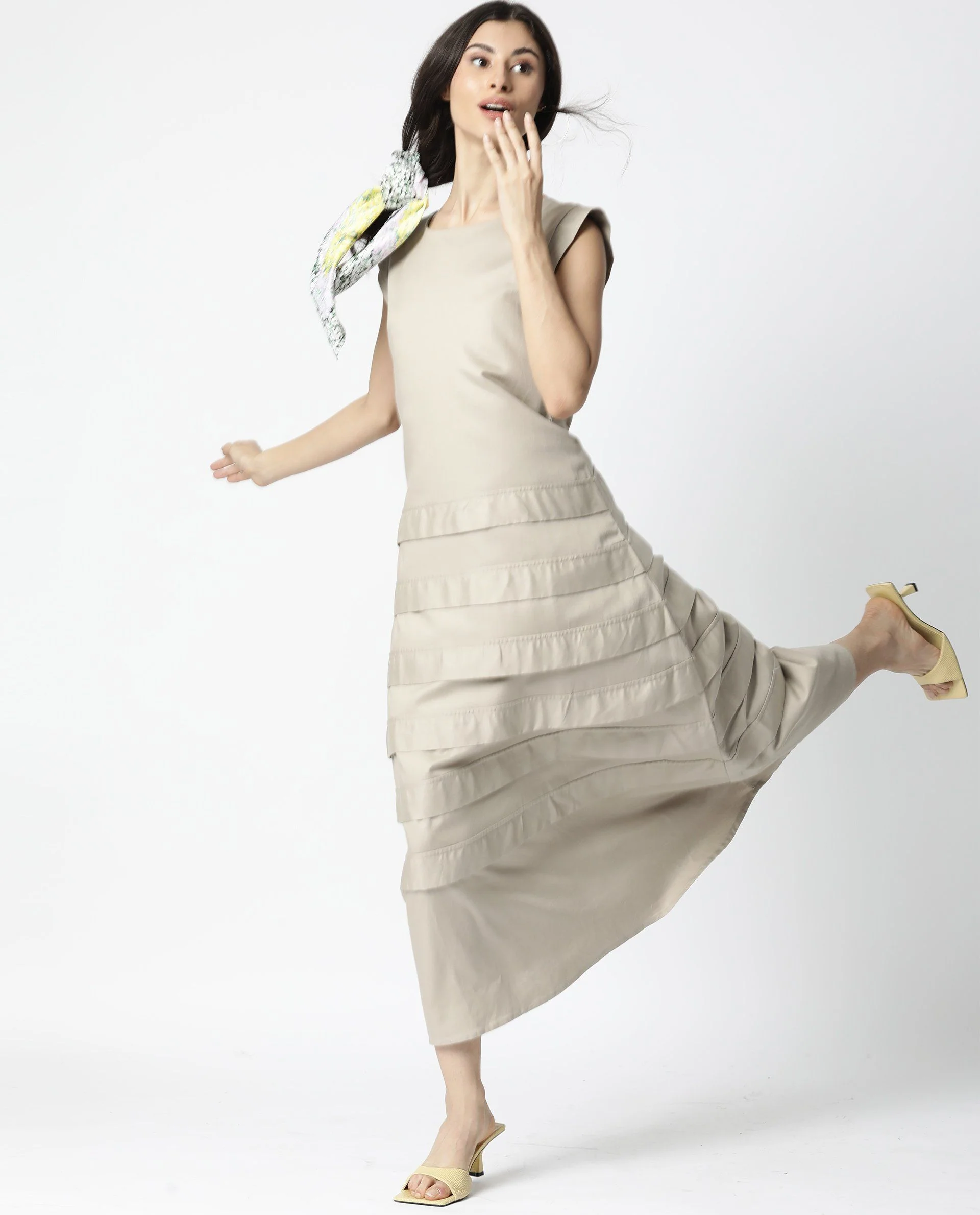 Rareism Women Fresh Beige Dress Long Length Tencel Fabric Sleeveless Round Neck - Image 4