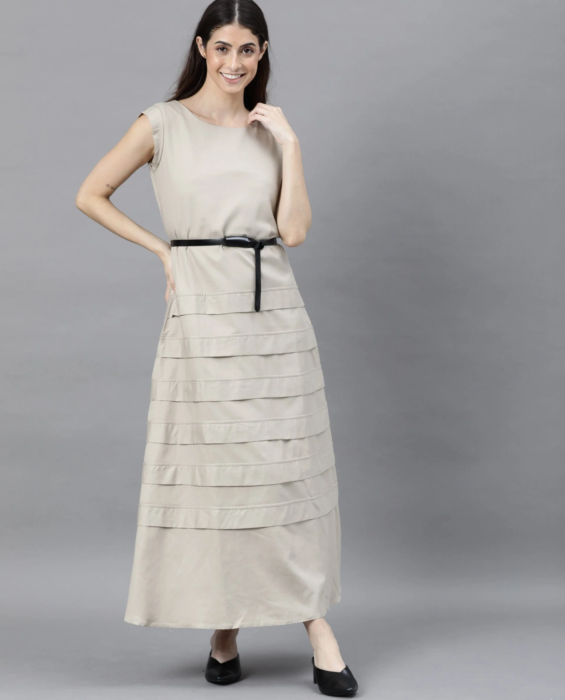 Rareism Women Fresh Beige Dress Long Length Tencel Fabric Sleeveless Round Neck - Image 5
