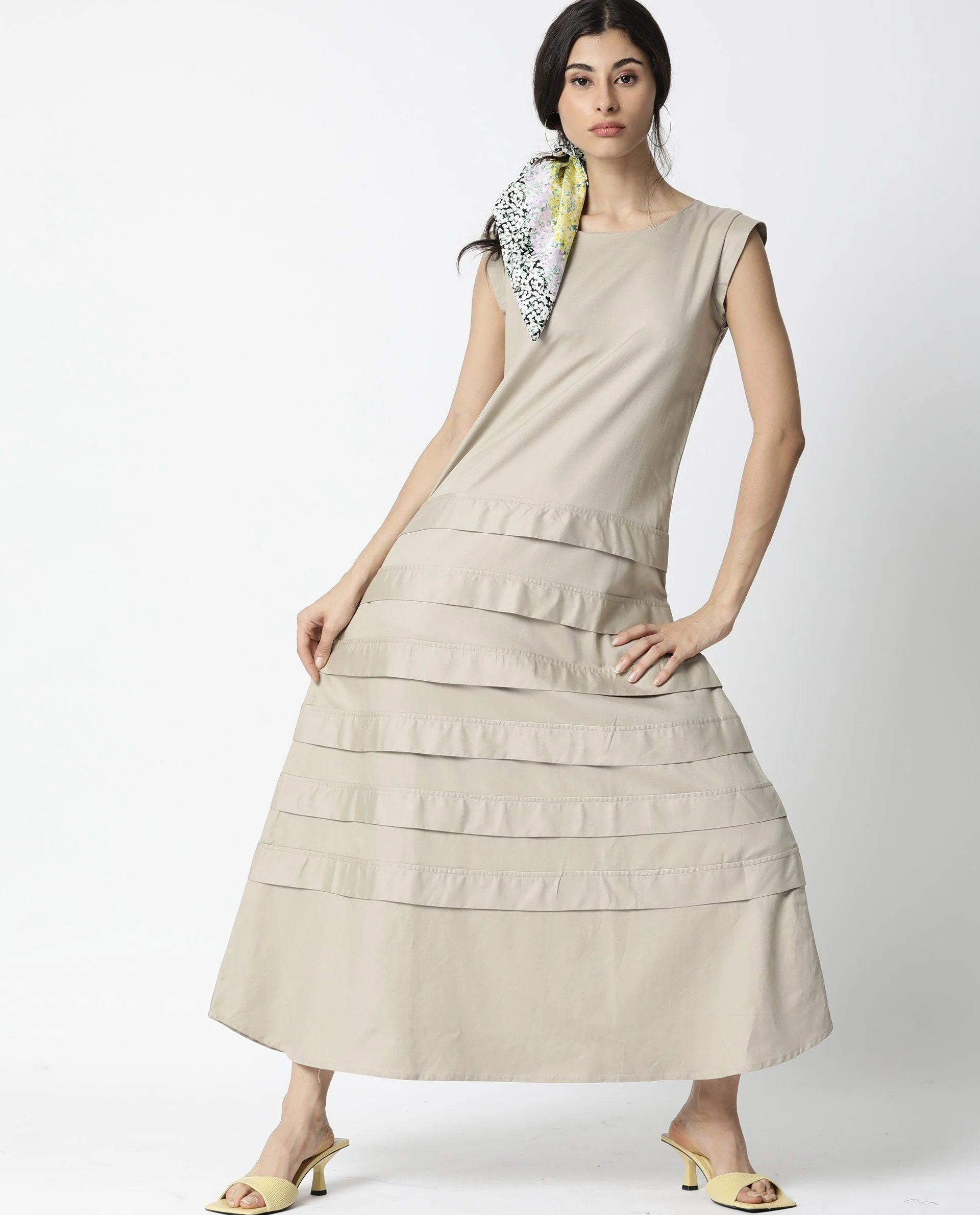 Rareism Women Fresh Beige Dress Long Length Tencel Fabric Sleeveless Round Neck - Image 6
