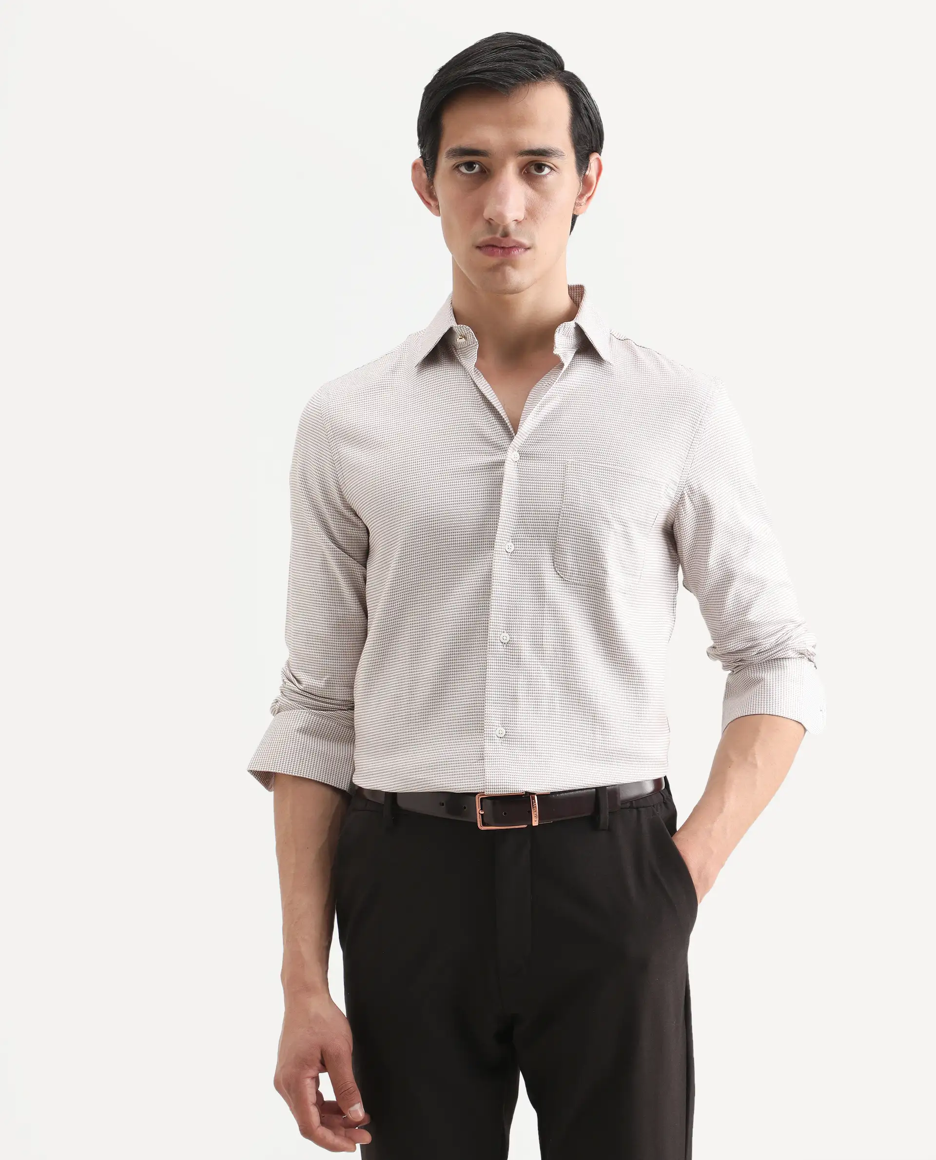 Rare Rabbit Men's Fresno Beige Cotton Dobby Print Regular Fit Full Sleeve Collared Shirt - Image 3