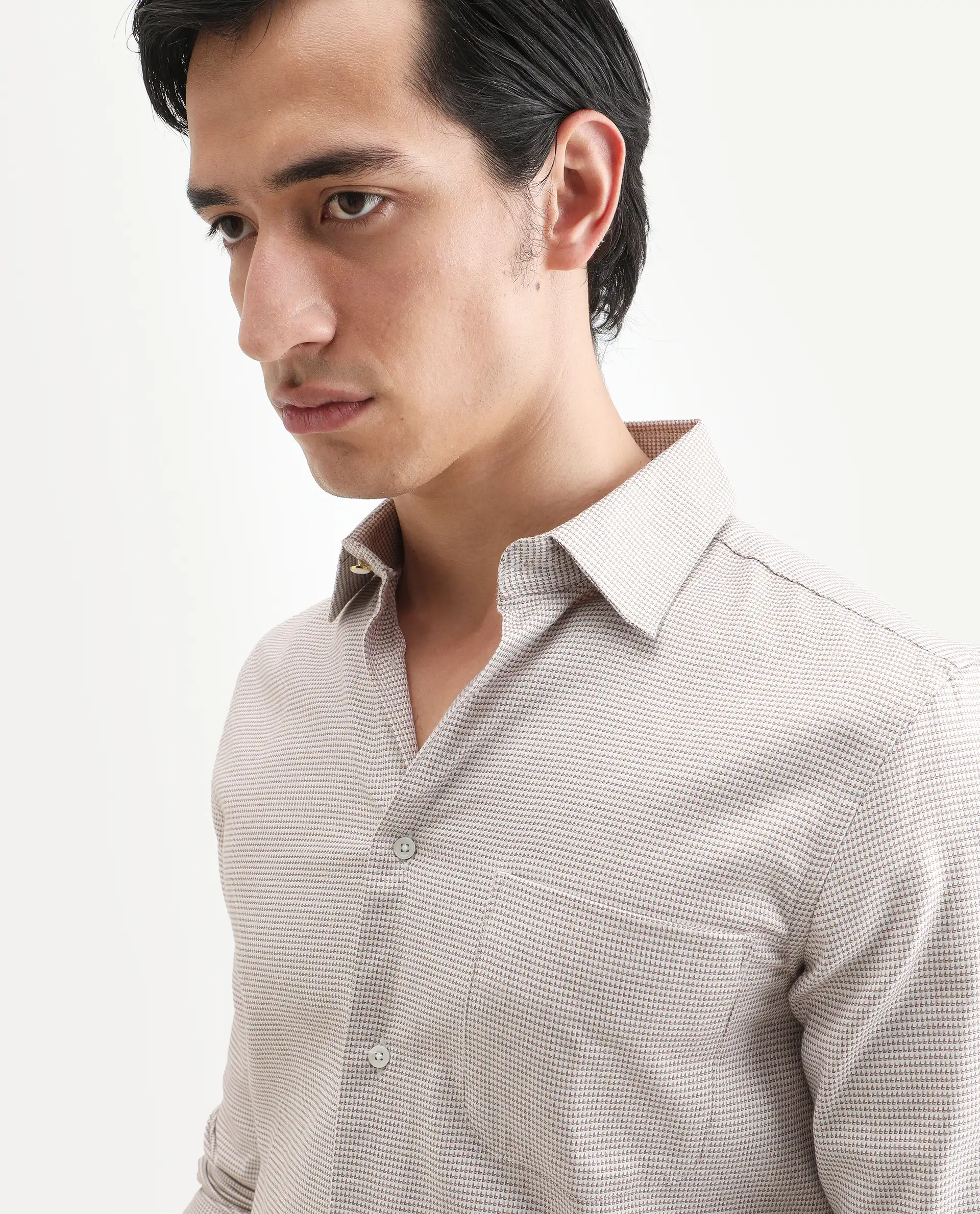 Rare Rabbit Men's Fresno Beige Cotton Dobby Print Regular Fit Full Sleeve Collared Shirt - Image 4
